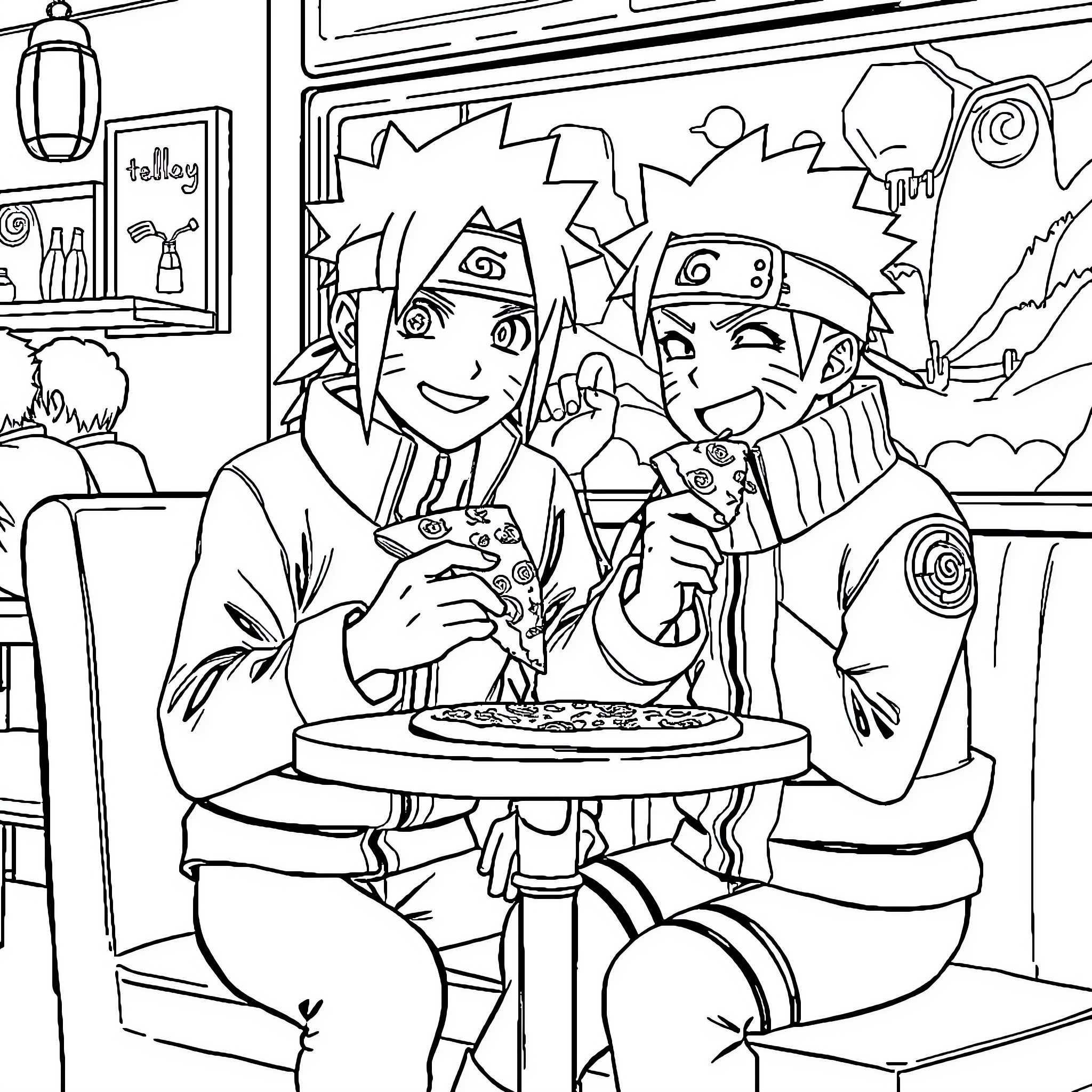 Naruto and Sasuke Enjoying Ramen Together Coloring Page (free black-and-white line drawing printable PDF for all, from beginners to advanced learners, including children, teens, adults, and seniors)