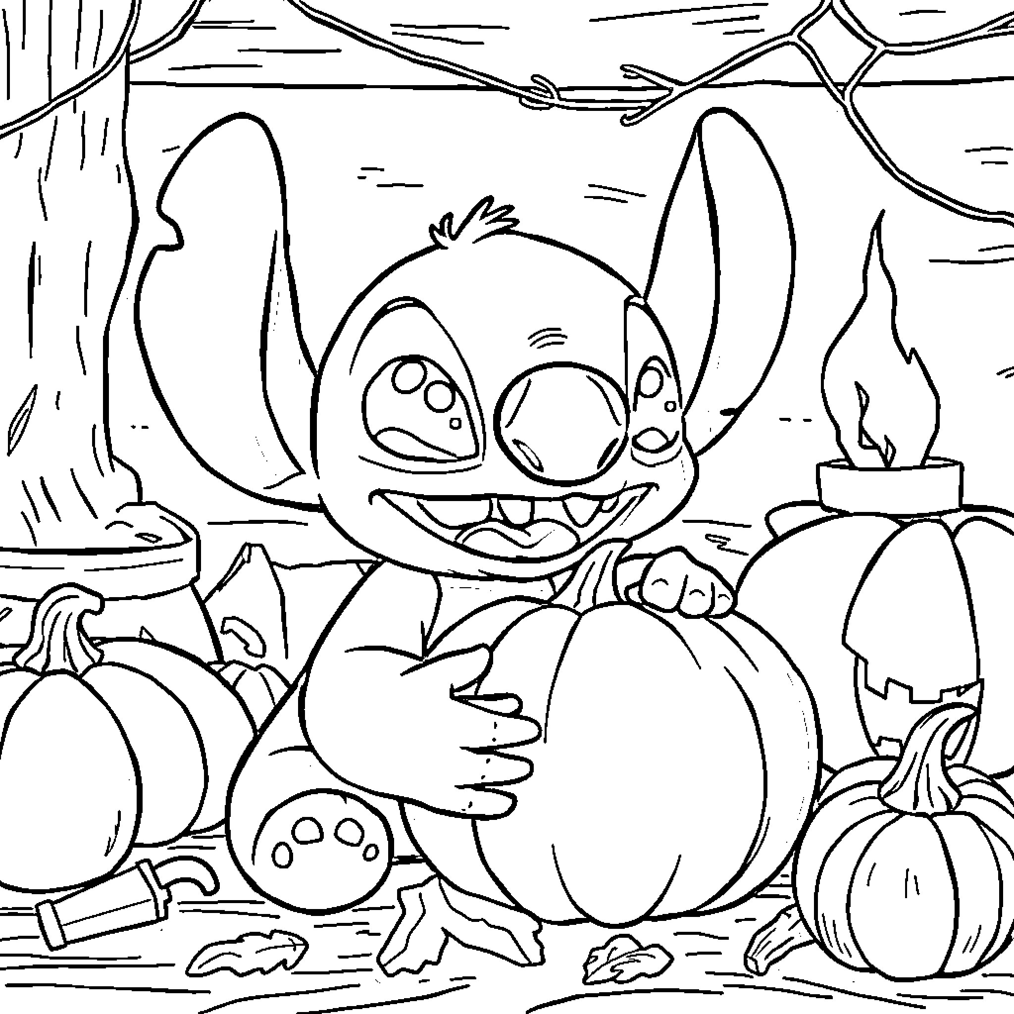 Stitch carving pumpkins in a spooky forest Coloring Page (free black-and-white line drawing printable PDF for all, from beginners to advanced learners, including children, teens, adults, and seniors)