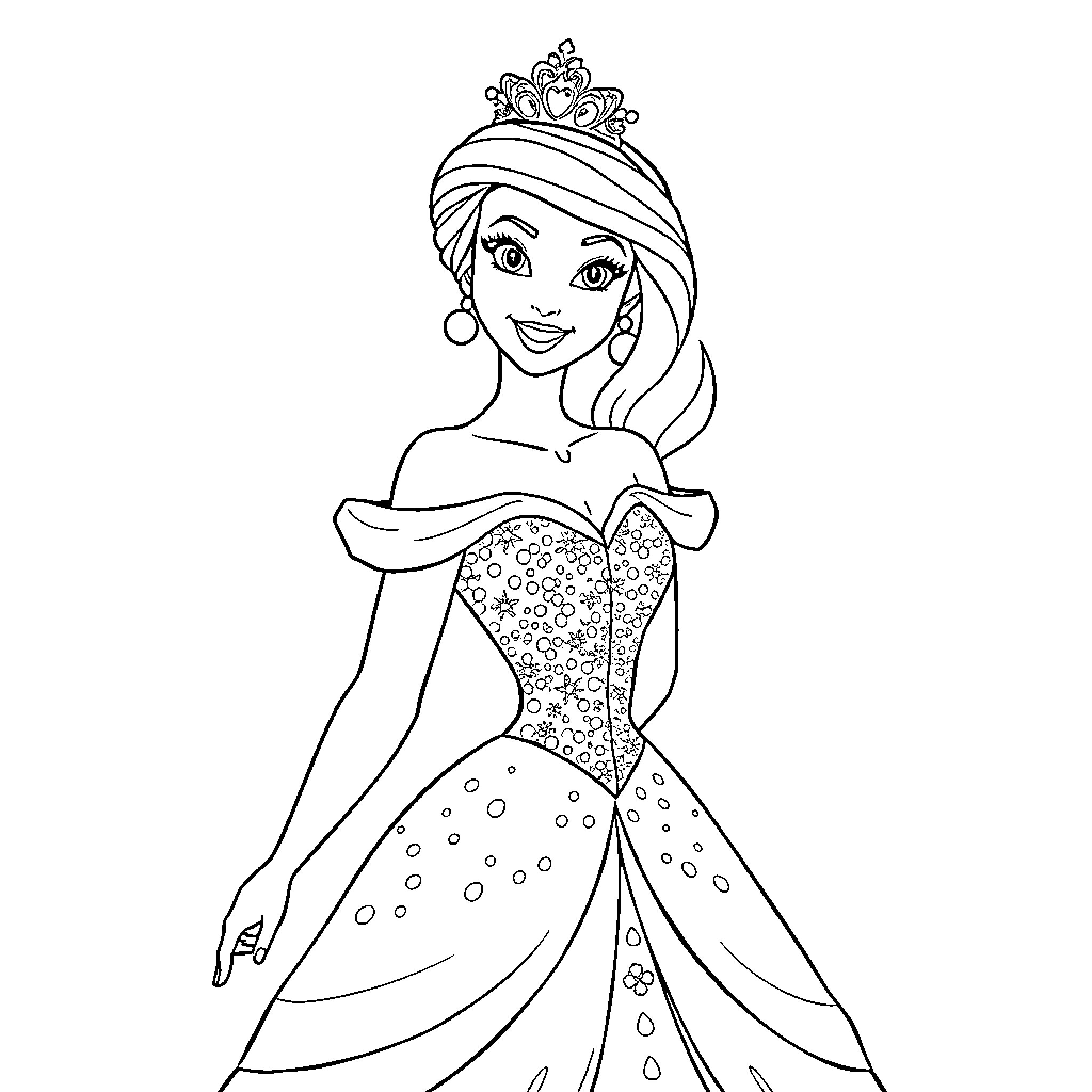 Disney Princess wearing sparkling ball gown and crown Coloring Page (free black-and-white line drawing printable PDF for all, from beginners to advanced learners, including children, teens, adults, and seniors)
