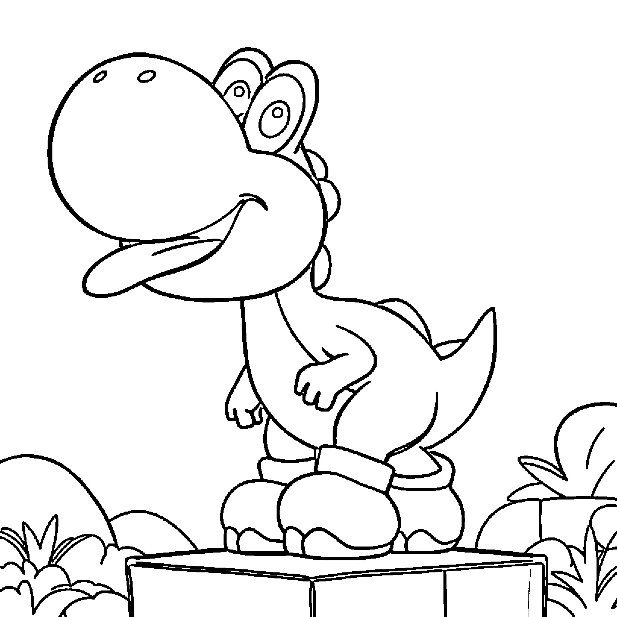 Yoshi jumping happily on a platform Coloring Page (free black-and-white line drawing printable PDF for all, from beginners to advanced learners, including children, teens, adults, and seniors)