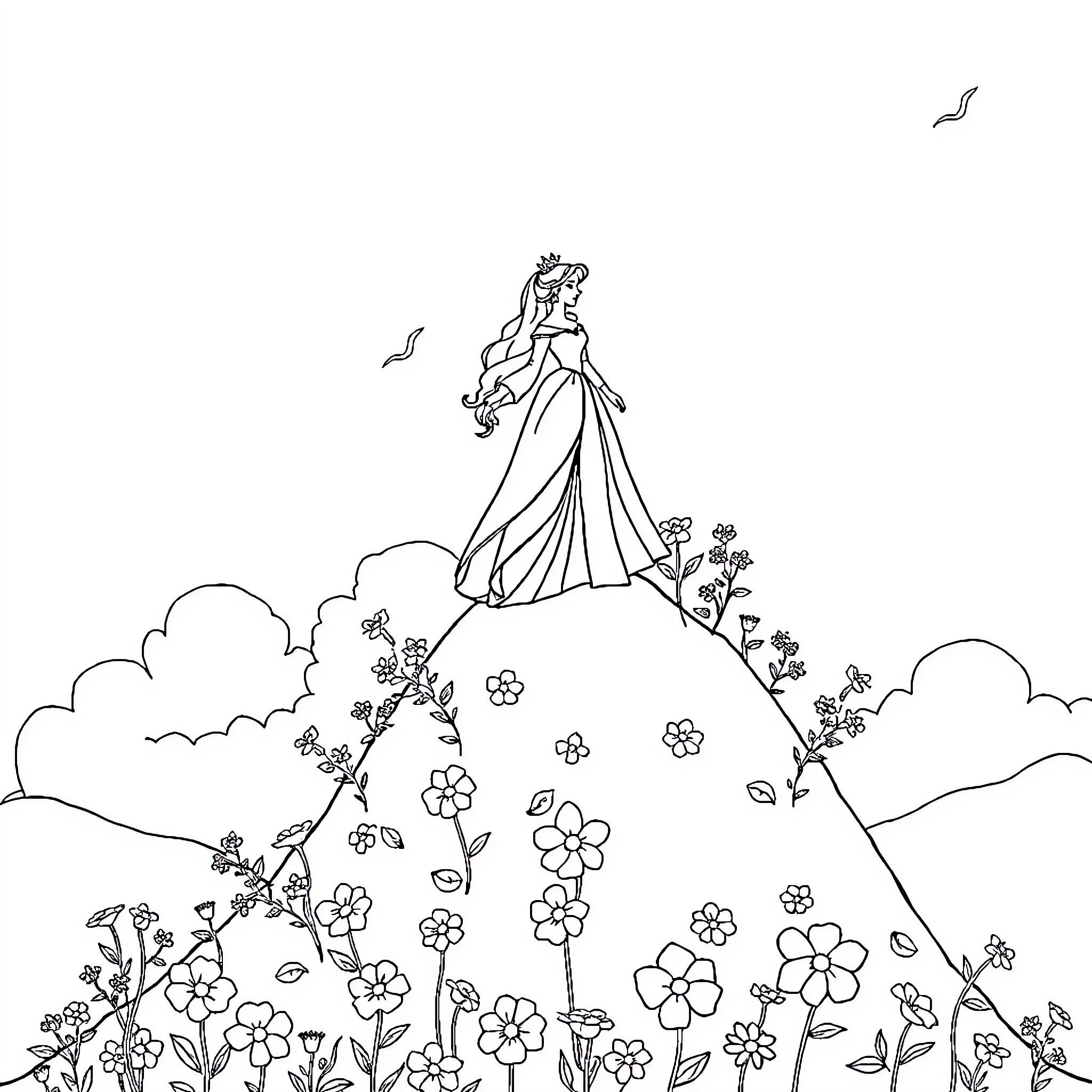 Princess in elegant dress standing on flowery hill Coloring Page (free black-and-white line drawing printable PDF for all, from beginners to advanced learners, including children, teens, adults, and seniors)