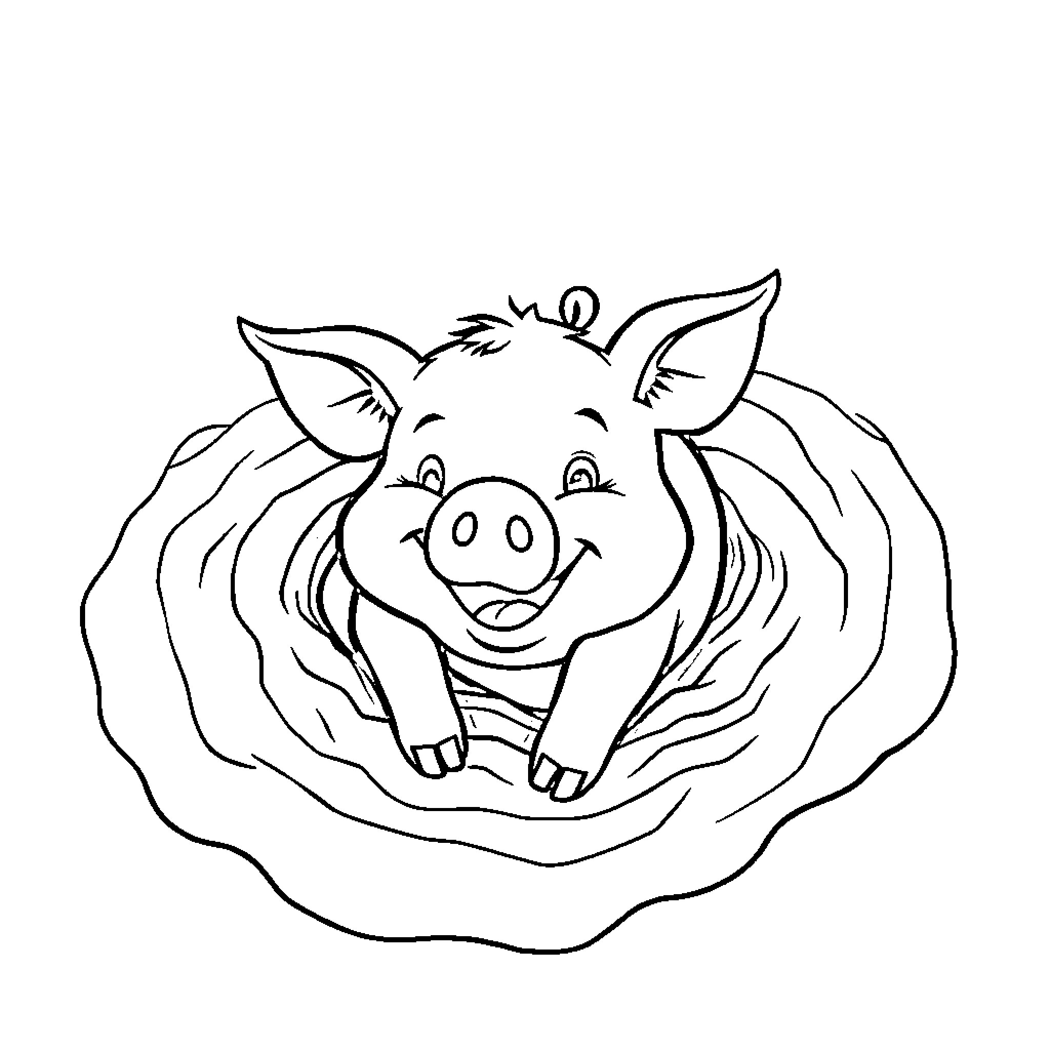 Pig peeking out from a shell Coloring Page (free black-and-white line drawing printable PDF for all, from beginners to advanced learners, including children, teens, adults, and seniors)
