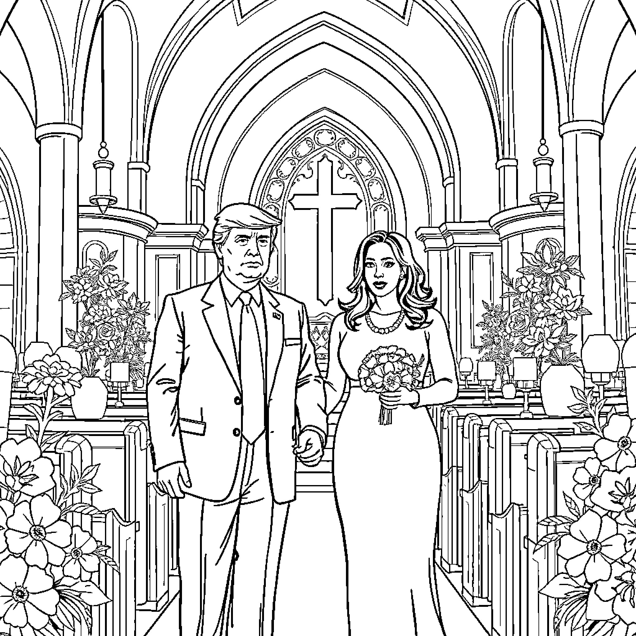 Donald Trump and Wife in a Church Wedding Ceremony Coloring Page (free black-and-white line drawing printable PDF for all, from beginners to advanced learners, including children, teens, adults, and seniors)