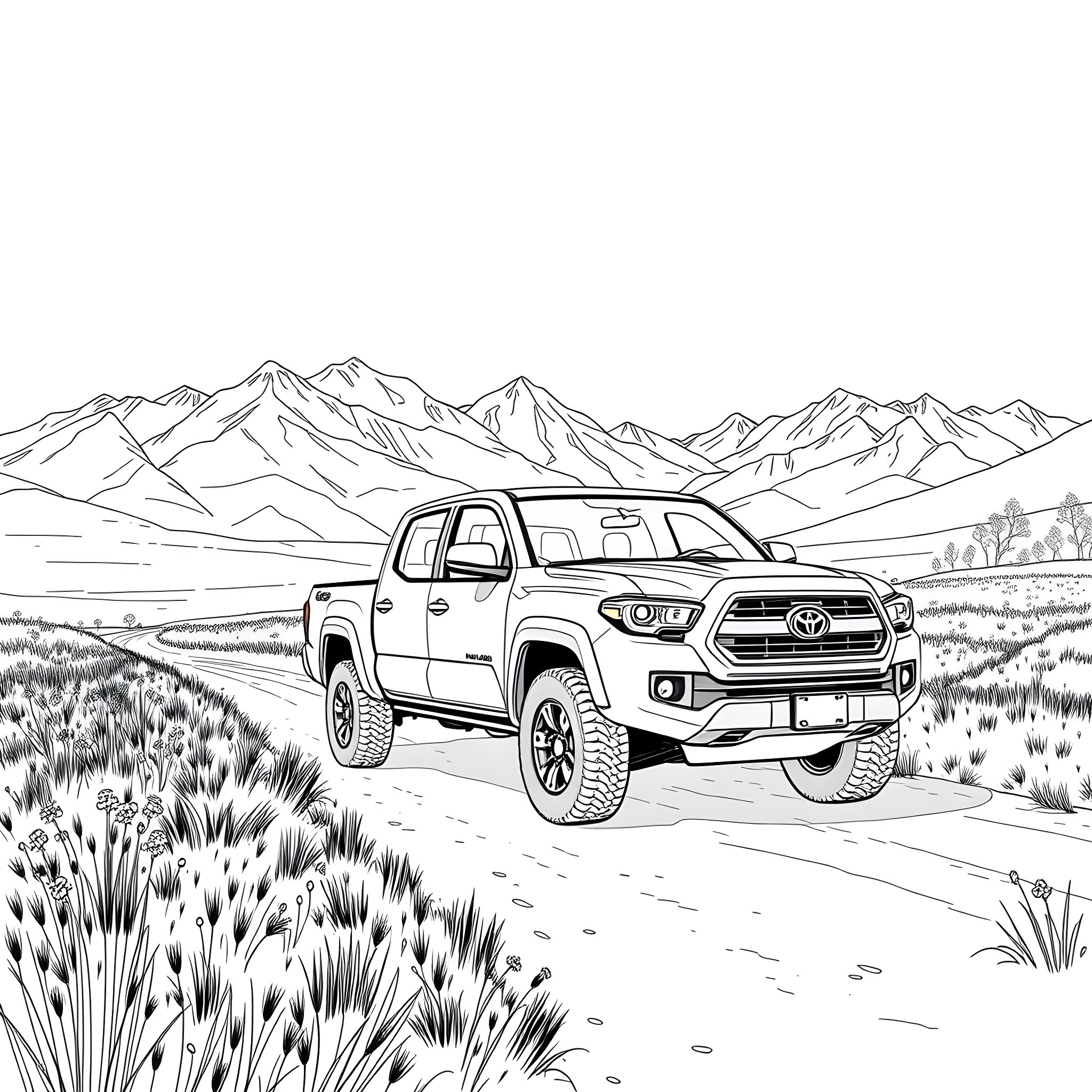 Pickup Truck Navigating Through Mountain Landscape Coloring Page (free black-and-white line drawing printable PDF for all, from beginners to advanced learners, including children, teens, adults, and seniors)
