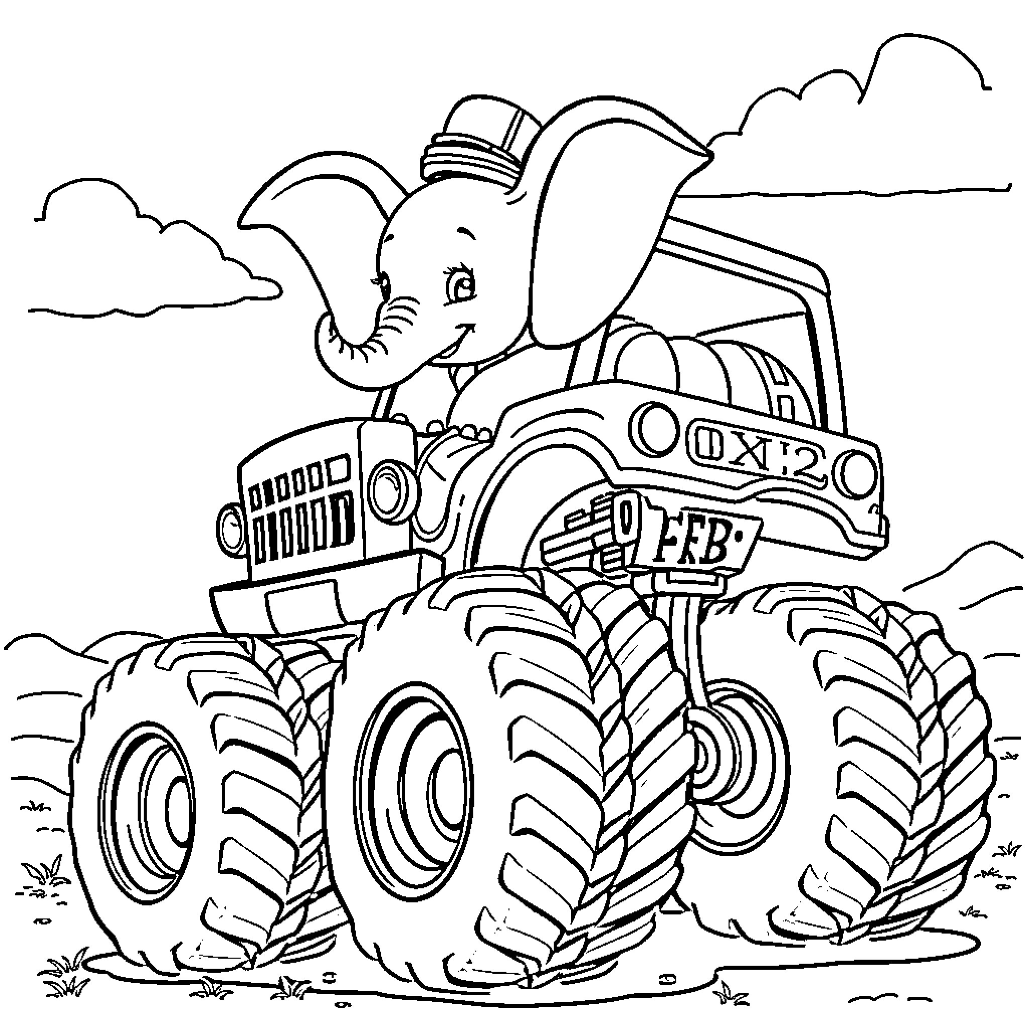 Dumbo the elephant driving a monster truck Coloring Page (free black-and-white line drawing printable PDF for all, from beginners to advanced learners, including children, teens, adults, and seniors)