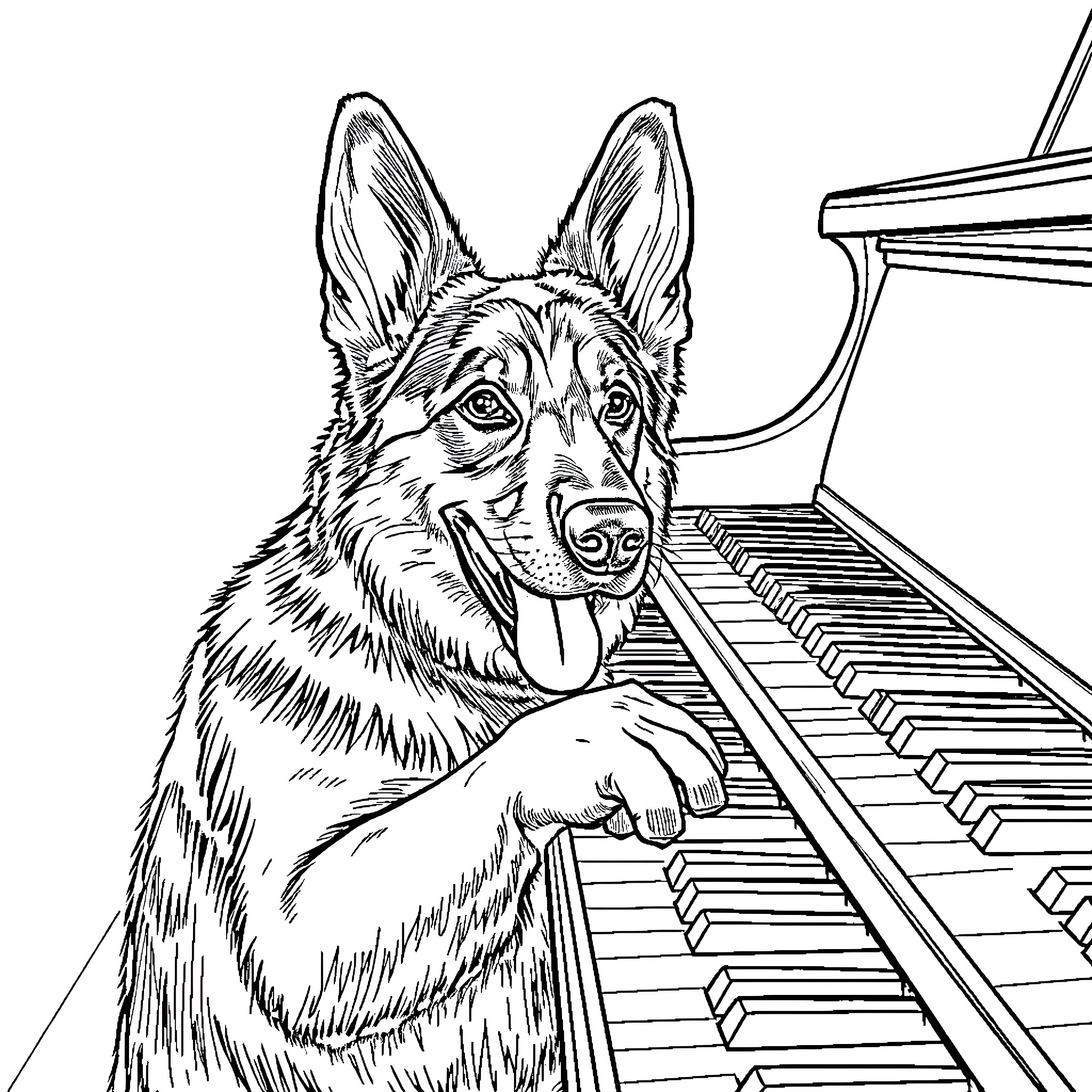 German Shepherd playing the piano Coloring Page (free black-and-white line drawing printable PDF for all, from beginners to advanced learners, including children, teens, adults, and seniors)