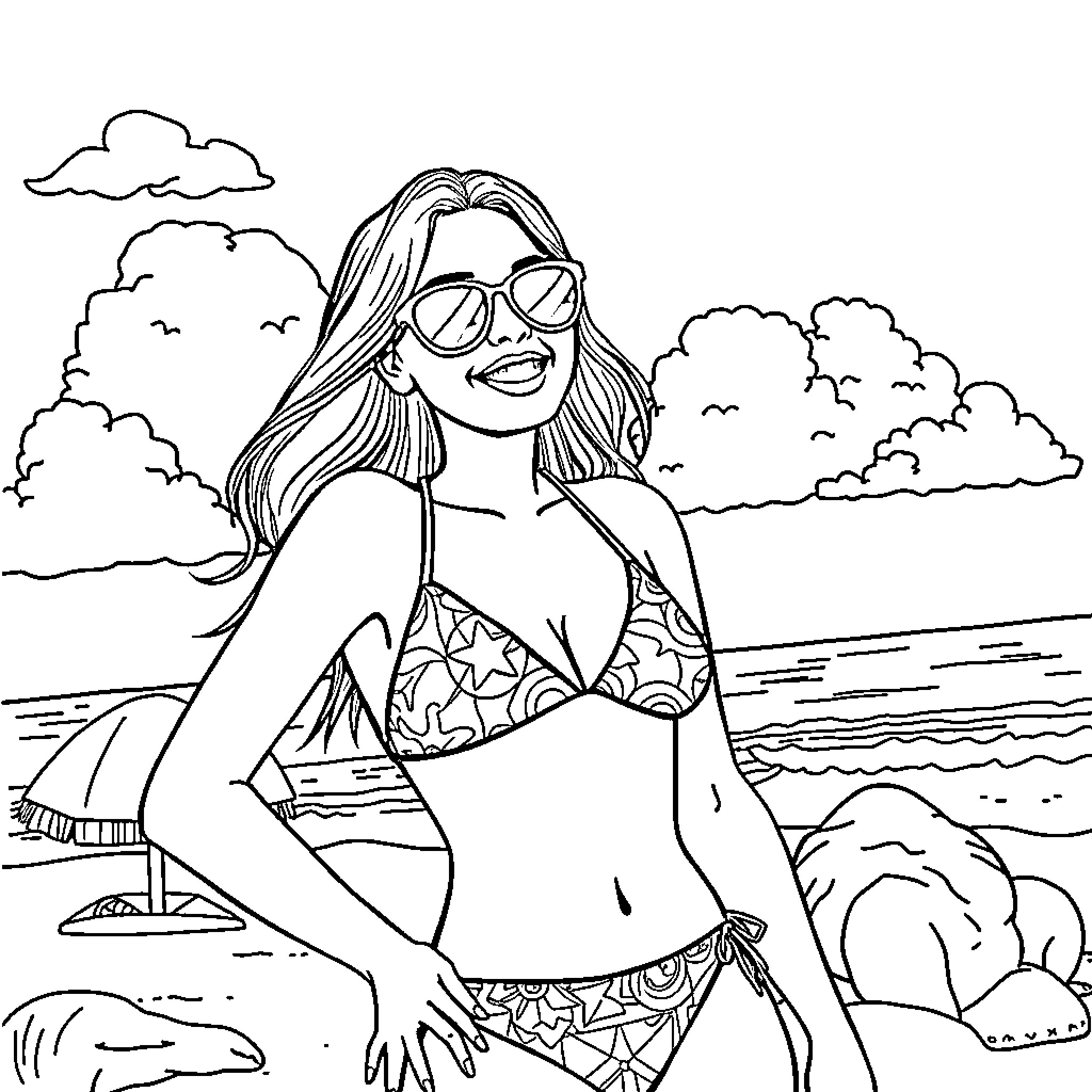 Lady enjoying the beach on a sunny day Coloring Page (free black-and-white line drawing printable PDF for all, from beginners to advanced learners, including children, teens, adults, and seniors)