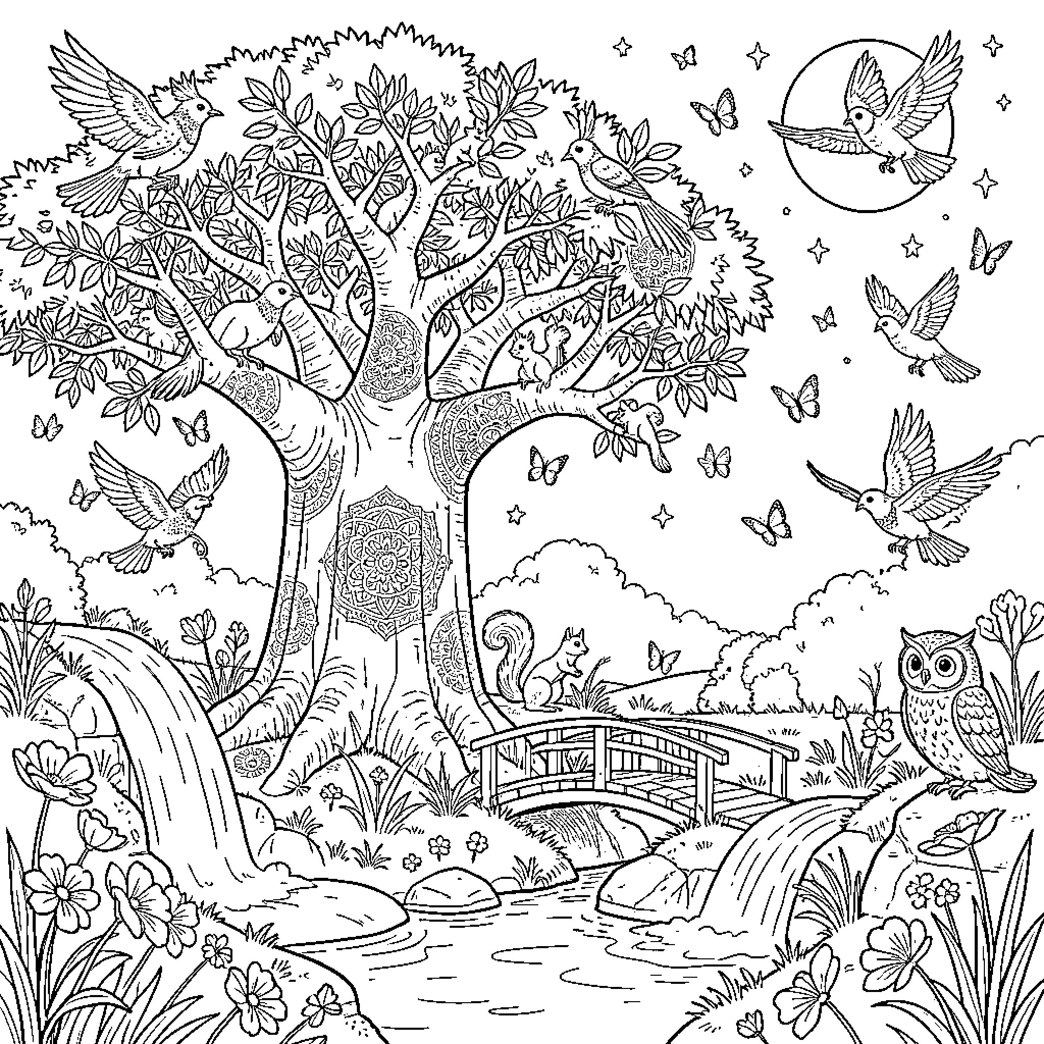 Baobab tree teeming with birds, squirrels, and butterflies Coloring Page (free black-and-white line drawing printable PDF for all, from beginners to advanced learners, including children, teens, adults, and seniors)