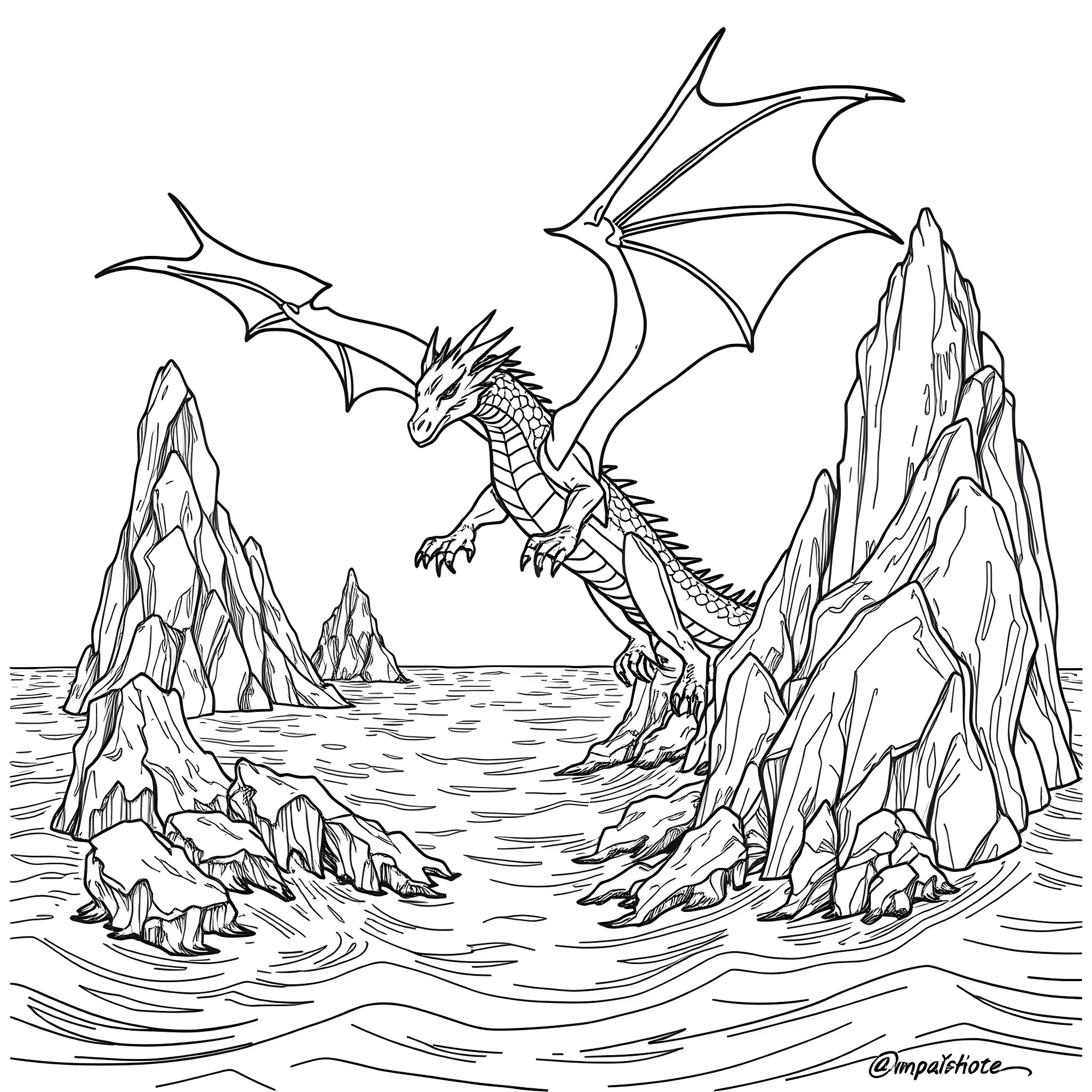 Dragon soaring over rugged mountain landscape Coloring Page (free black-and-white line drawing printable PDF for all, from beginners to advanced learners, including children, teens, adults, and seniors)