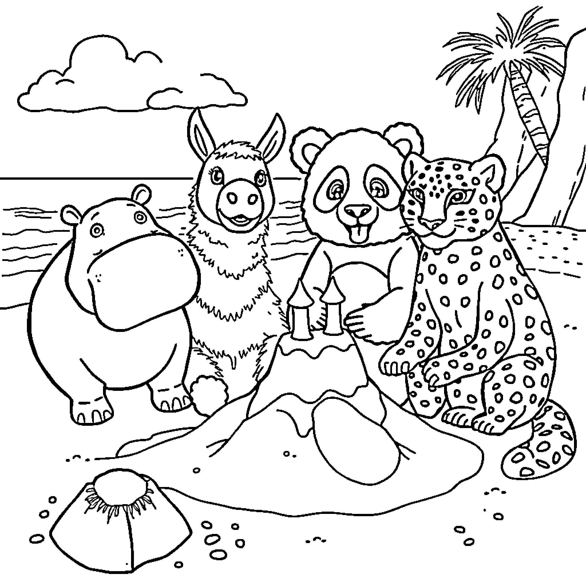 Animal friends enjoying a beach day Coloring Page (free black-and-white line drawing printable PDF for all, from beginners to advanced learners, including children, teens, adults, and seniors)