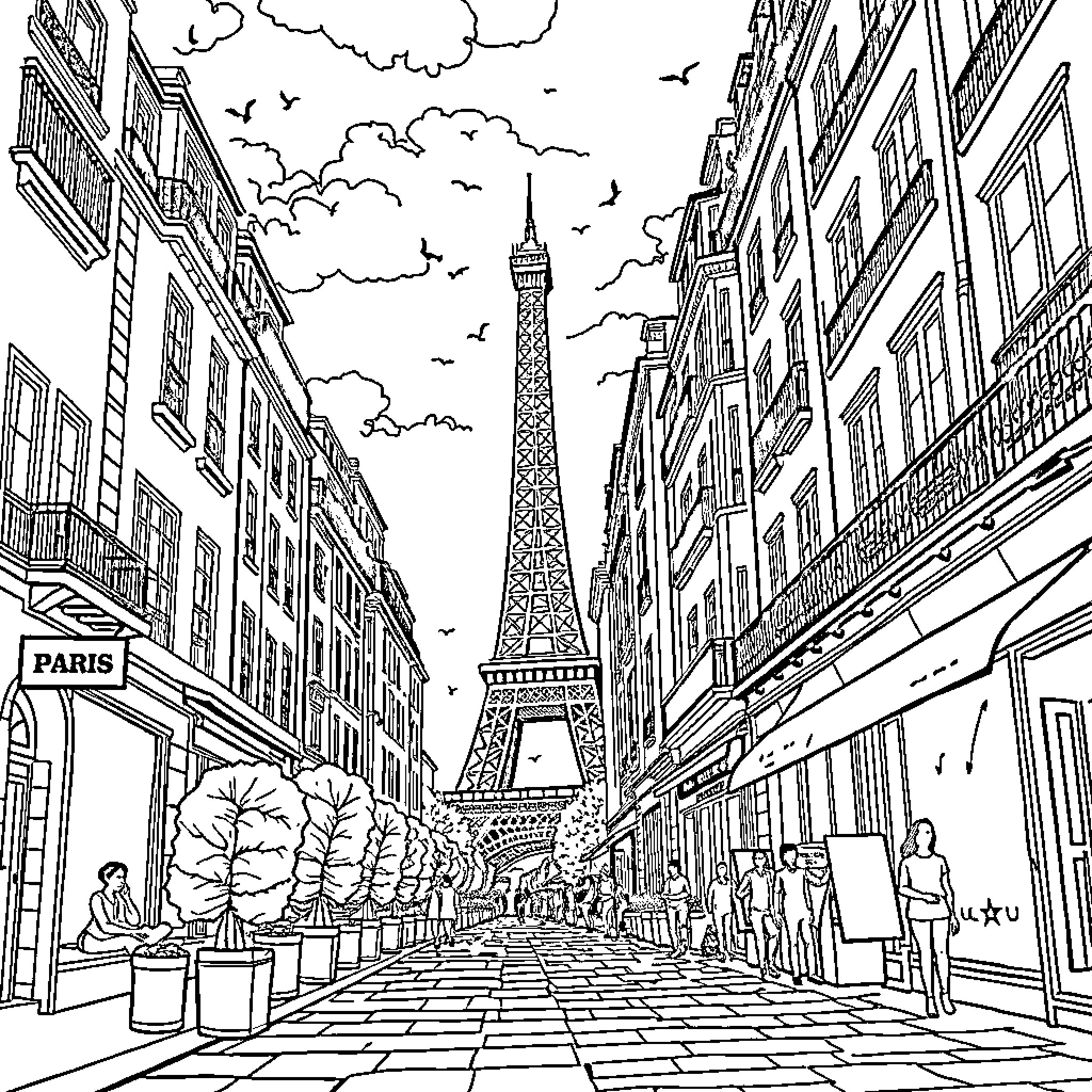 Labubu's Stroll Through the Parisian Streets Coloring Page (free black-and-white line drawing printable PDF for all, from beginners to advanced learners, including children, teens, adults, and seniors)