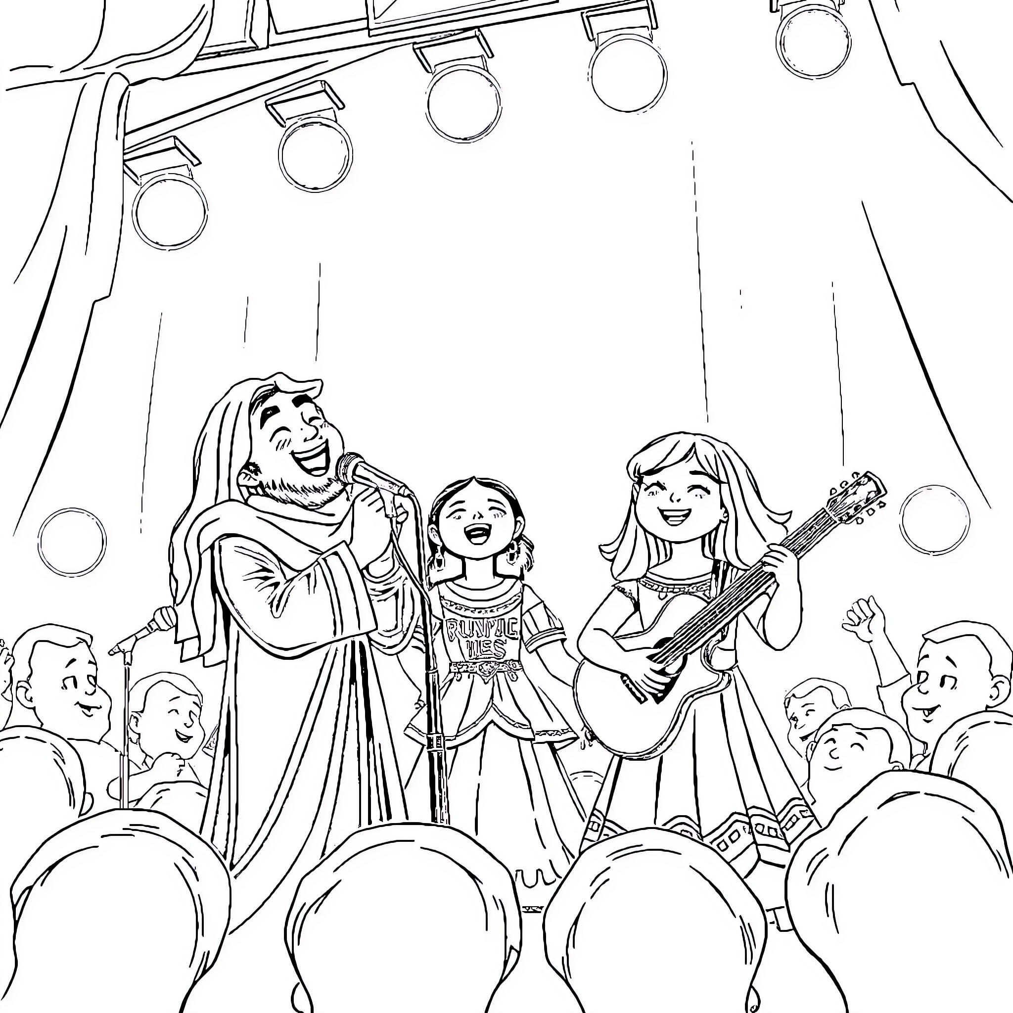 Rumi performing on stage with musicians Coloring Page (free black-and-white line drawing printable PDF for all, from beginners to advanced learners, including children, teens, adults, and seniors)