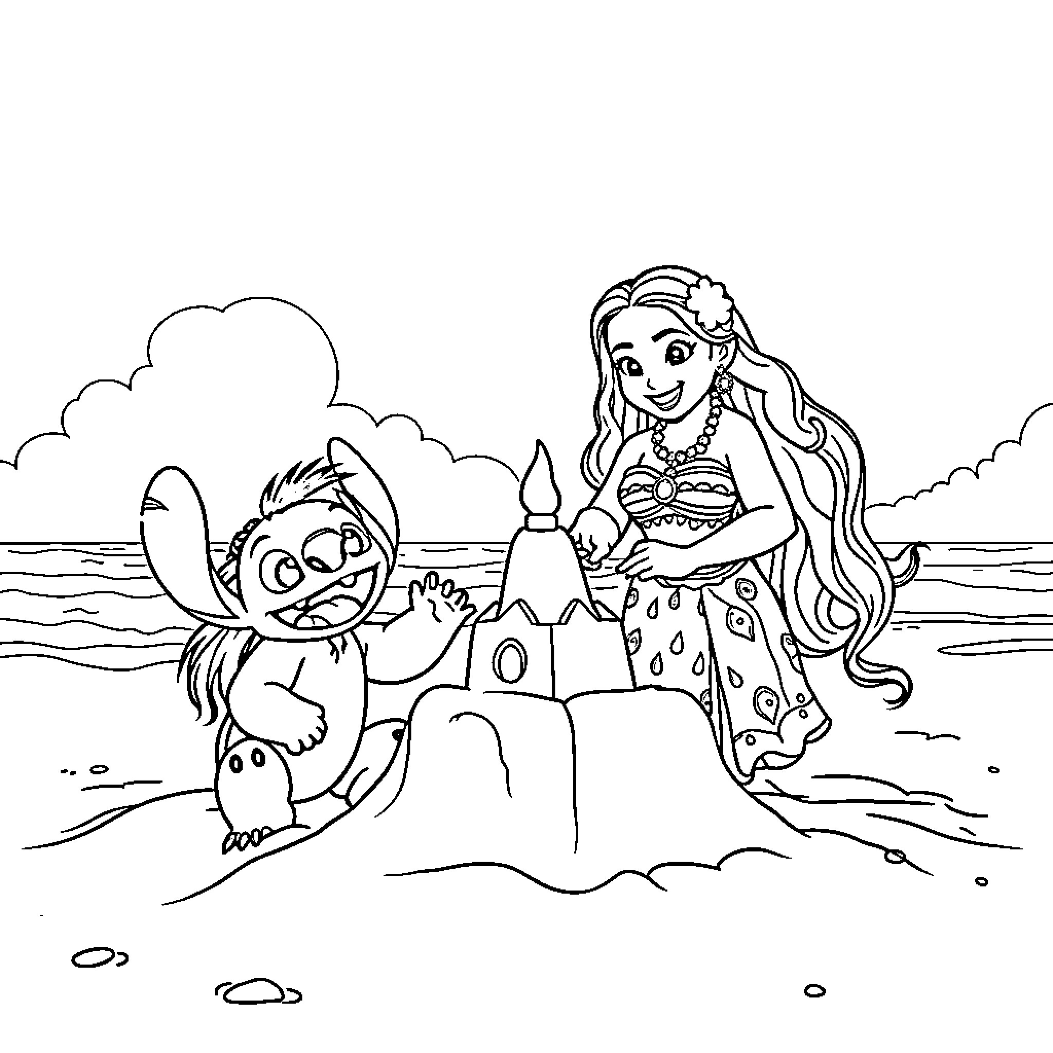 Moana and Stitch Building a Sandcastle on the Beach Coloring Page (free black-and-white line drawing printable PDF for all, from beginners to advanced learners, including children, teens, adults, and seniors)