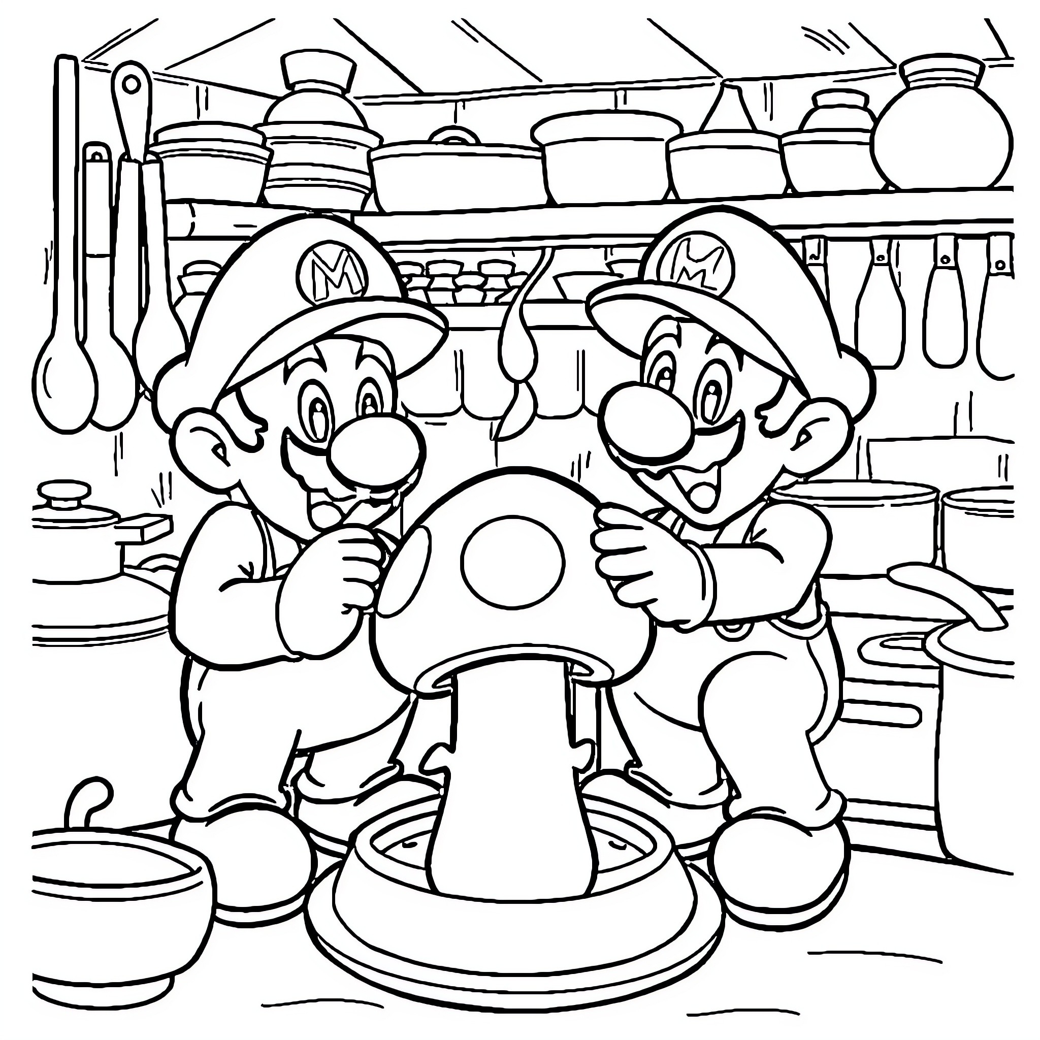 Mario's Cooking Adventure in the Kitchen Coloring Page (free black-and-white line drawing printable PDF for all, from beginners to advanced learners, including children, teens, adults, and seniors)