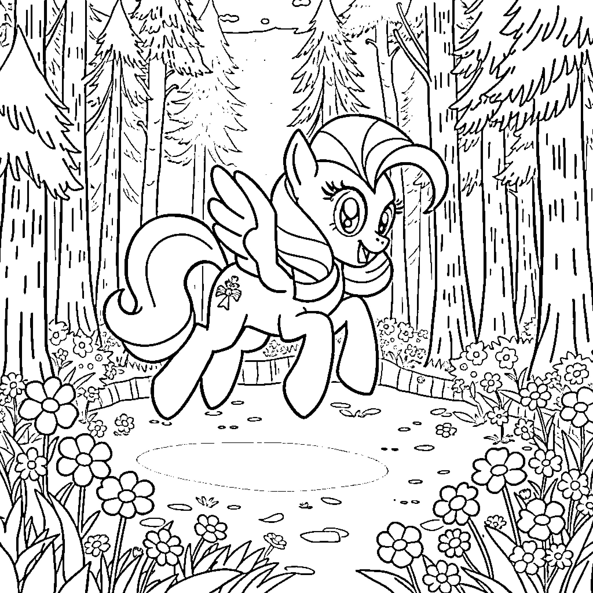 Pinkie Pie explores the magical forest Coloring Page (free black-and-white line drawing printable PDF for all, from beginners to advanced learners, including children, teens, adults, and seniors)