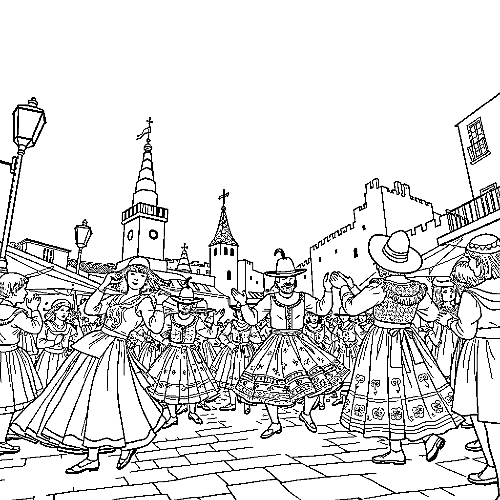Giant Crowd of Elaborately Dressed Figures in a Festive Scene Coloring Page (free black-and-white line drawing printable PDF for all, from beginners to advanced learners, including children, teens, adults, and seniors)