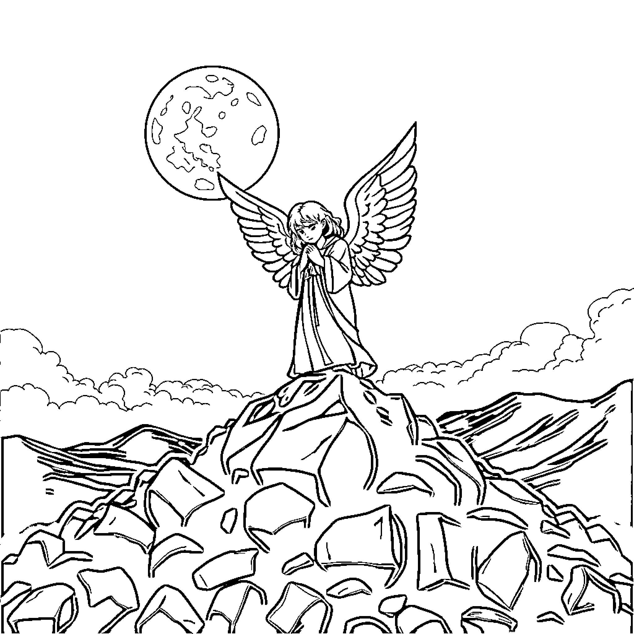 Angel Overseeing the Mountainous Landscape Coloring Page (free black-and-white line drawing printable PDF for all, from beginners to advanced learners, including children, teens, adults, and seniors)