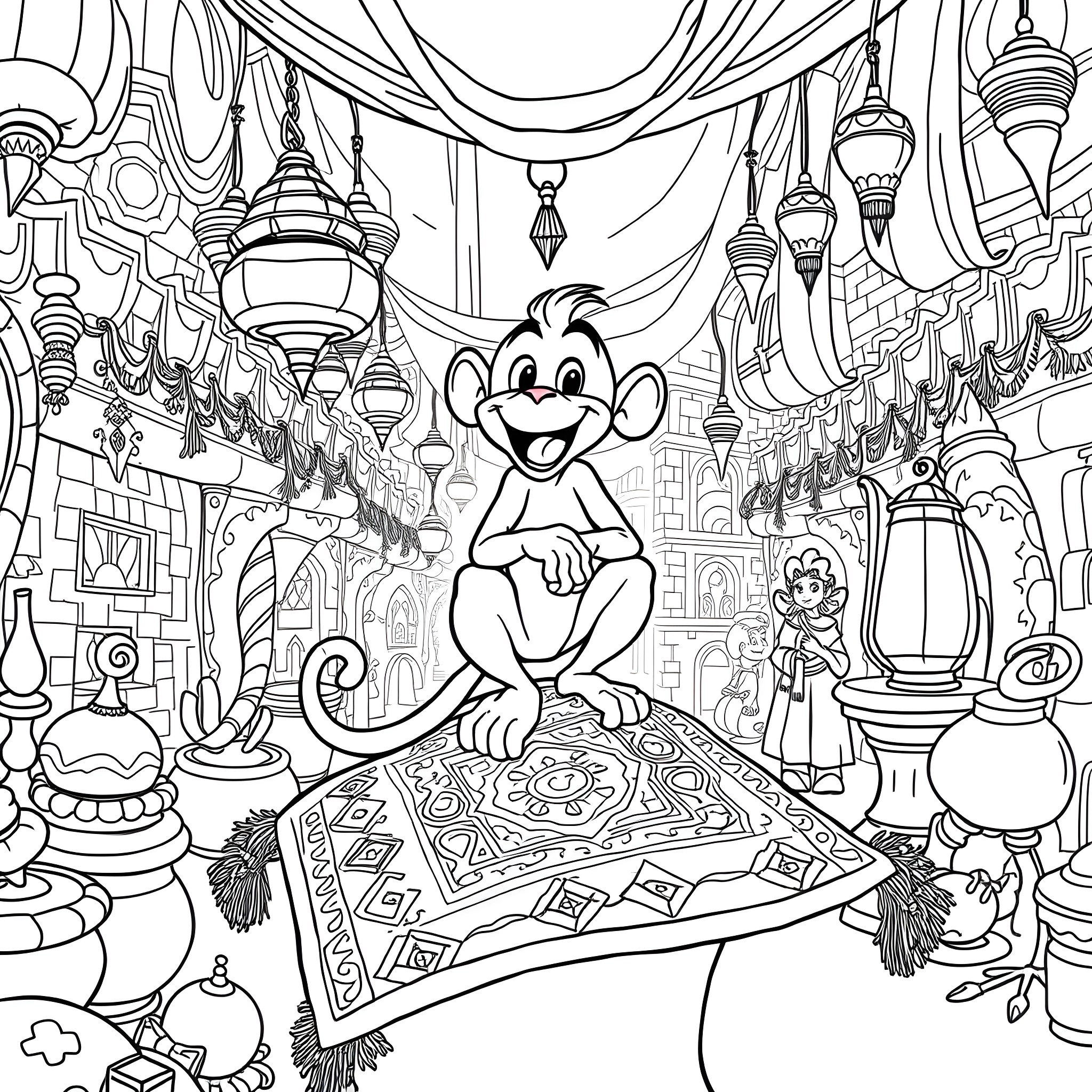 Abu's Enchanting Adventure in the Bazaar Coloring Page (free black-and-white line drawing printable PDF for all, from beginners to advanced learners, including children, teens, adults, and seniors)