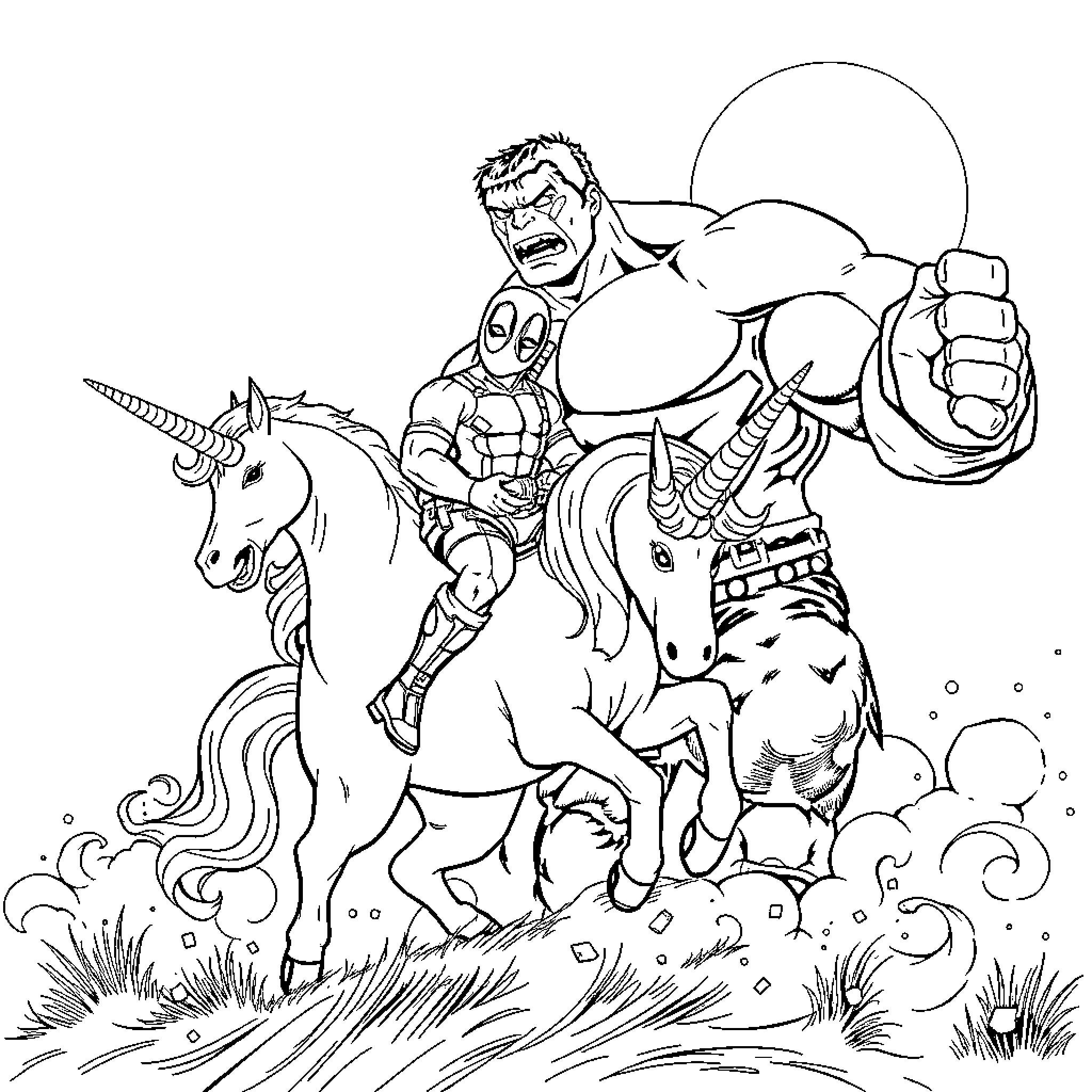 Deadpool Riding Unicorn Into Battle Coloring Page (free black-and-white line drawing printable PDF for all, from beginners to advanced learners, including children, teens, adults, and seniors)