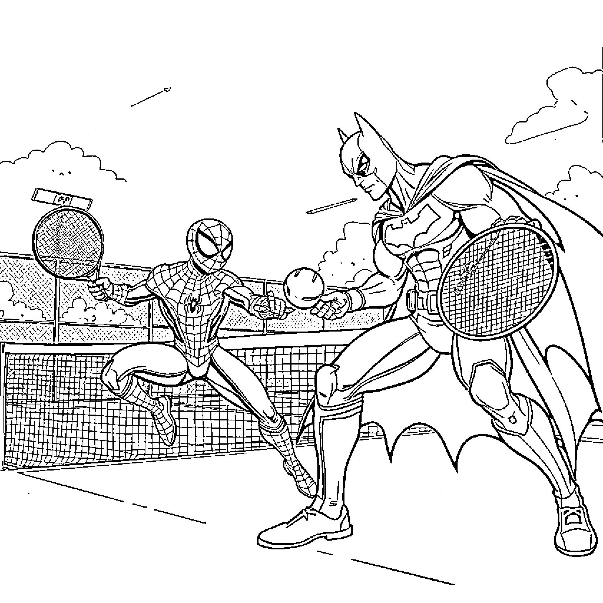 Spiderman and Batman Playing Tennis Together Coloring Page (free black-and-white line drawing printable PDF for all, from beginners to advanced learners, including children, teens, adults, and seniors)