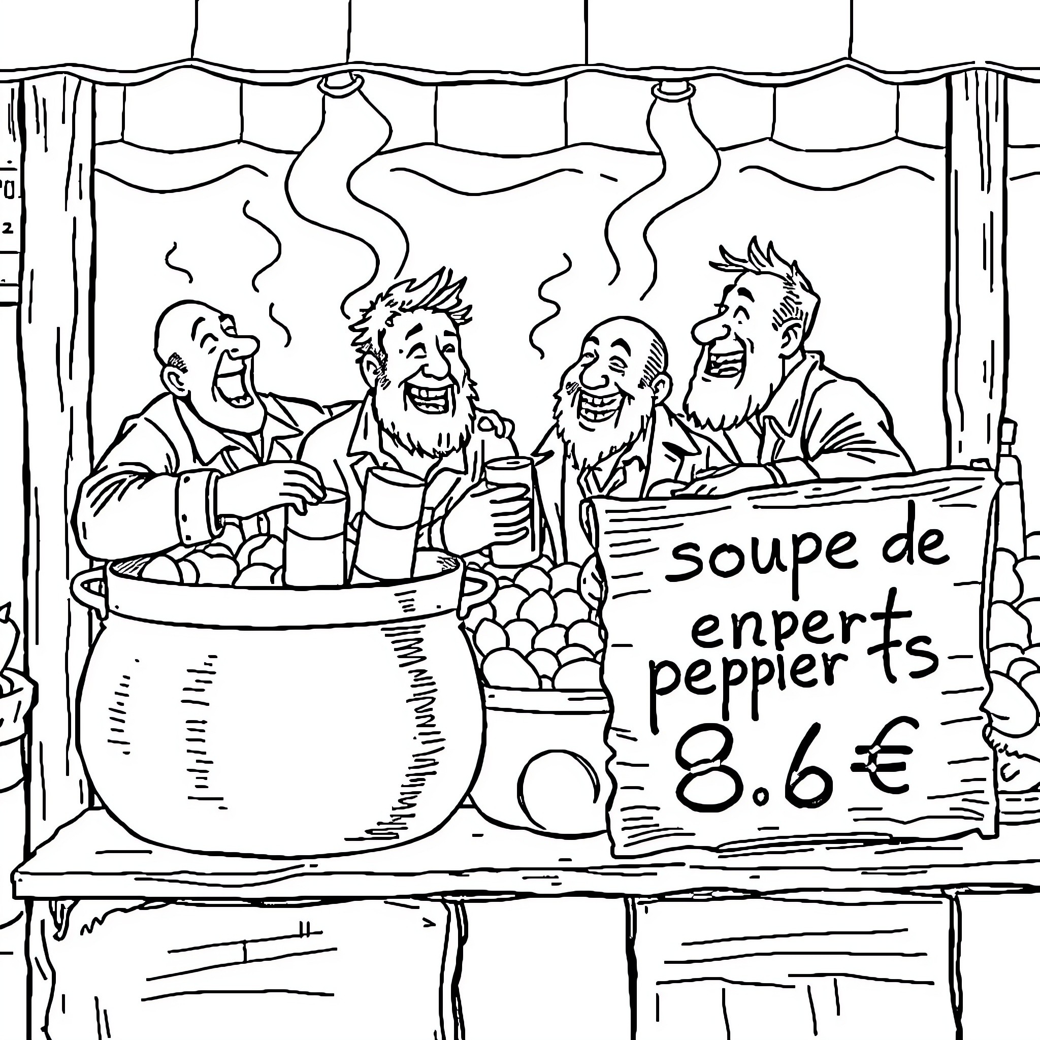 Pot of Soup Vendor Entertaining Passersby Coloring Page (free black-and-white line drawing printable PDF for all, from beginners to advanced learners, including children, teens, adults, and seniors)