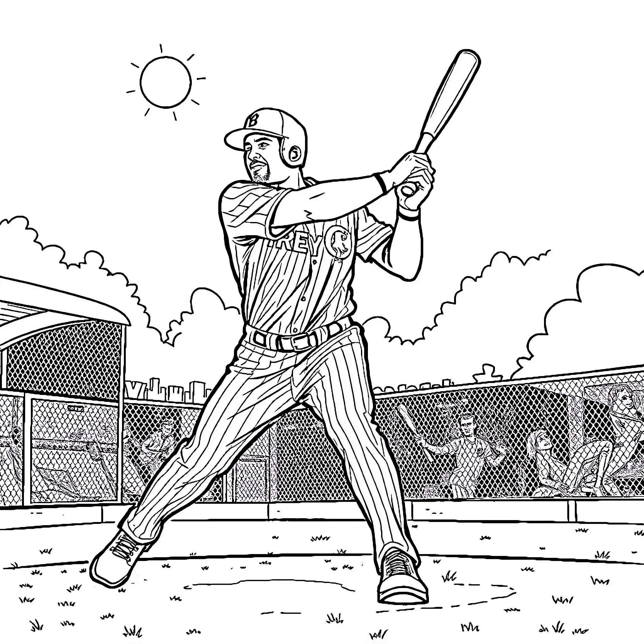 Fredy Freeman playing baseball on the field Coloring Page (free black-and-white line drawing printable PDF for all, from beginners to advanced learners, including children, teens, adults, and seniors)