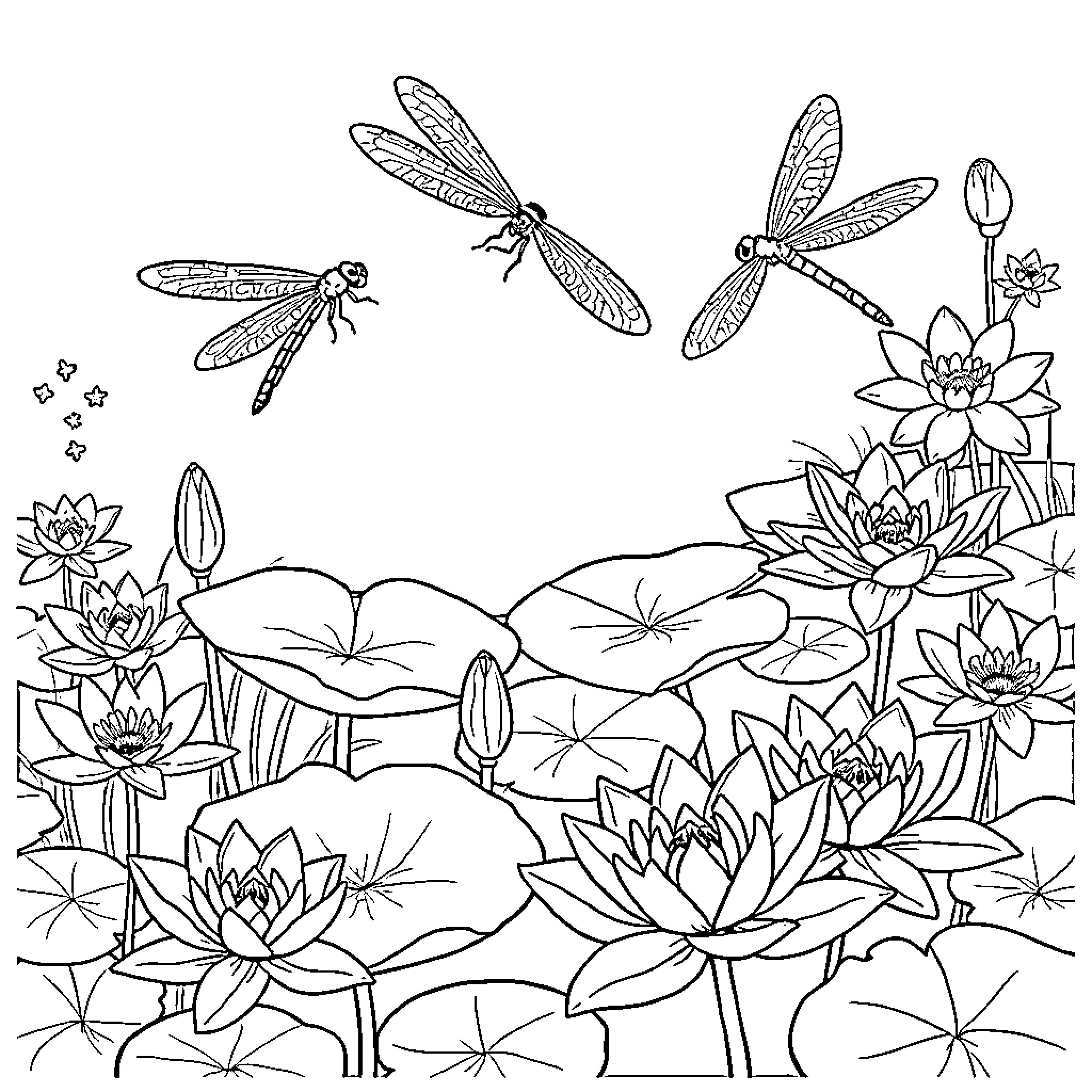Dragonflies soaring over a tranquil pond with lotus flowers Coloring Page (free black-and-white line drawing printable PDF for all, from beginners to advanced learners, including children, teens, adults, and seniors)