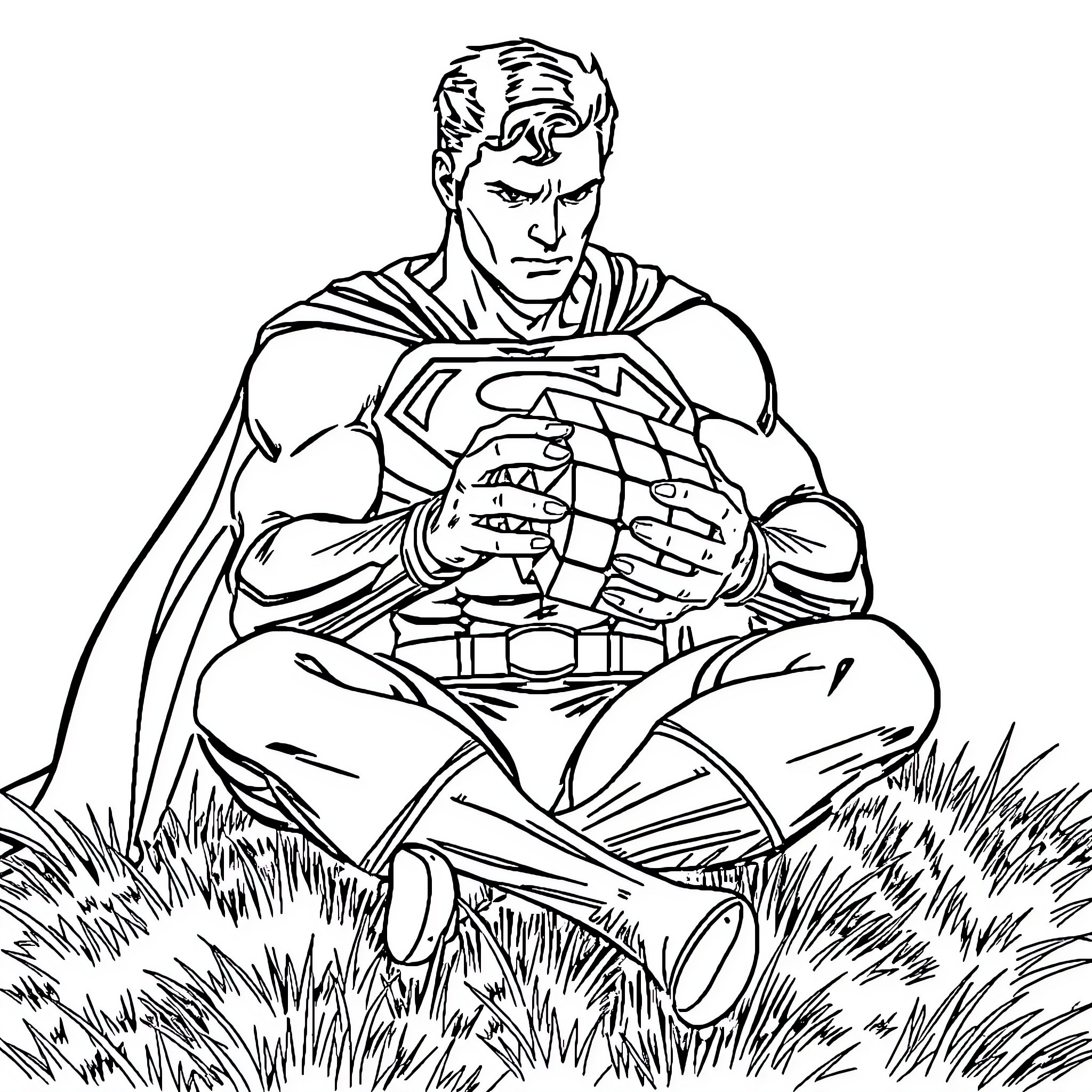 Superman contemplating in the grass Coloring Page (free black-and-white line drawing printable PDF for all, from beginners to advanced learners, including children, teens, adults, and seniors)