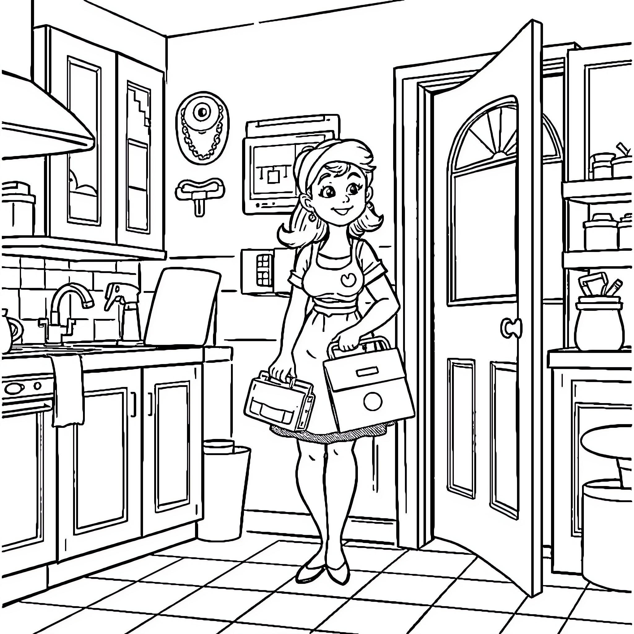 Housewife carrying laundry in kitchen Coloring Page (free black-and-white line drawing printable PDF for all, from beginners to advanced learners, including children, teens, adults, and seniors)
