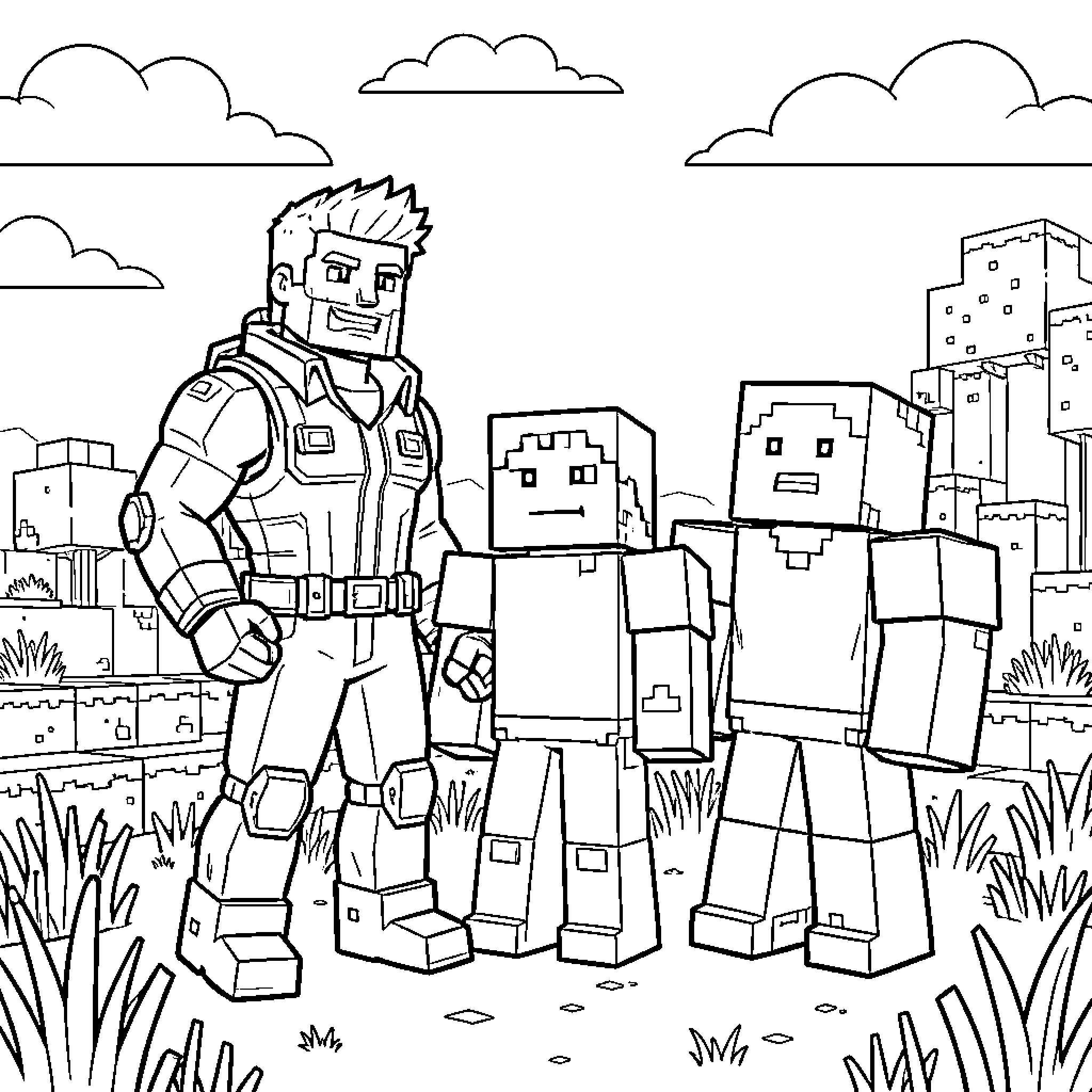 Fortnite Character standing with blocky companions in a landscape Coloring Page (free black-and-white line drawing printable PDF for all, from beginners to advanced learners, including children, teens, adults, and seniors)
