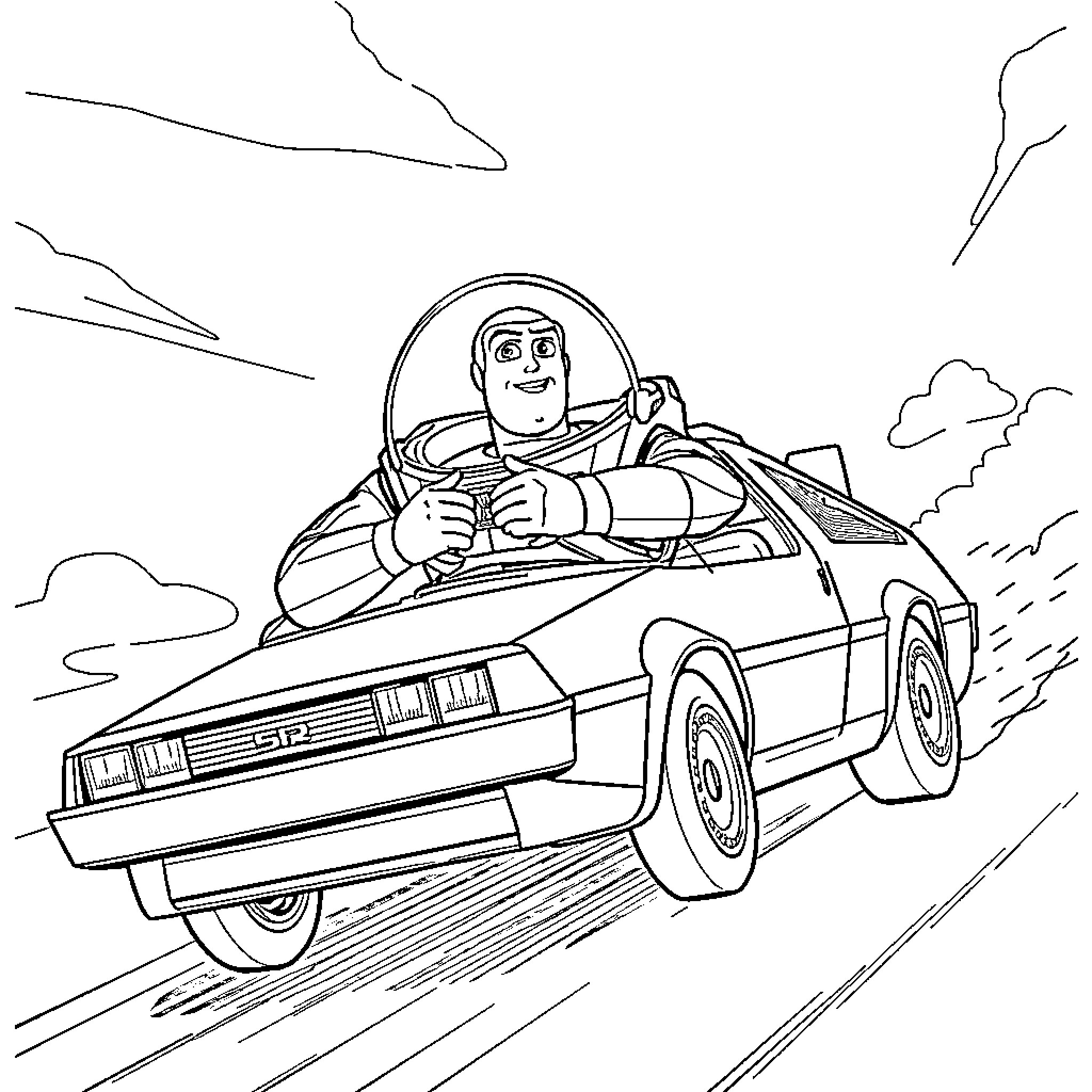 Buzz Lightyear driving his futuristic spaceship vehicle Coloring Page (free black-and-white line drawing printable PDF for all, from beginners to advanced learners, including children, teens, adults, and seniors)