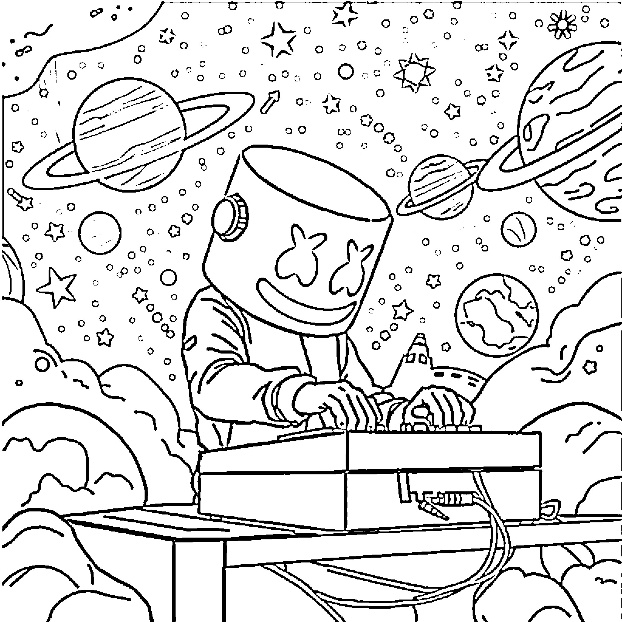 DJ Marshmallow performs energetic set among cosmic scenery Coloring Page (free black-and-white line drawing printable PDF for all, from beginners to advanced learners, including children, teens, adults, and seniors)