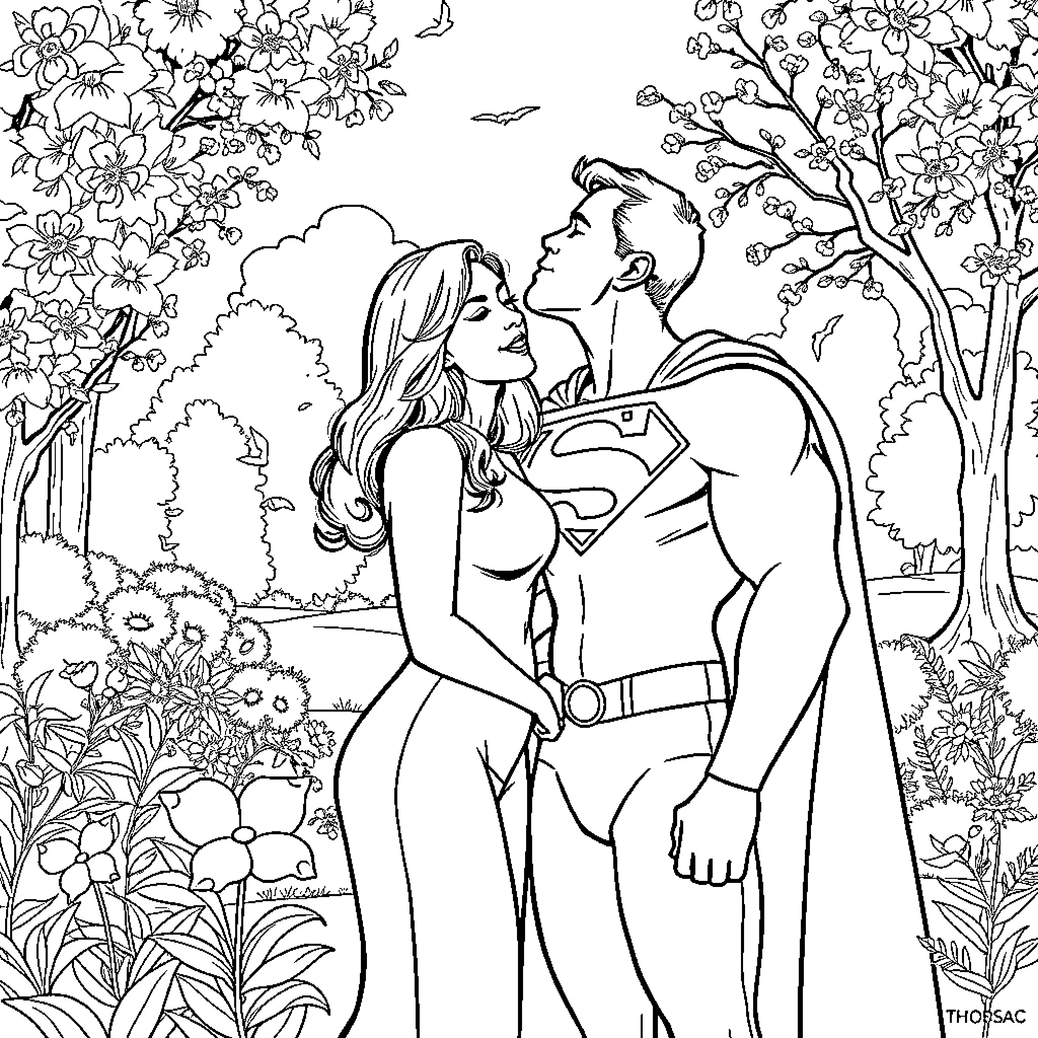 Superman and Heroine's Romantic Embrace in Springtime Scenery Coloring Page (free black-and-white line drawing printable PDF for all, from beginners to advanced learners, including children, teens, adults, and seniors)