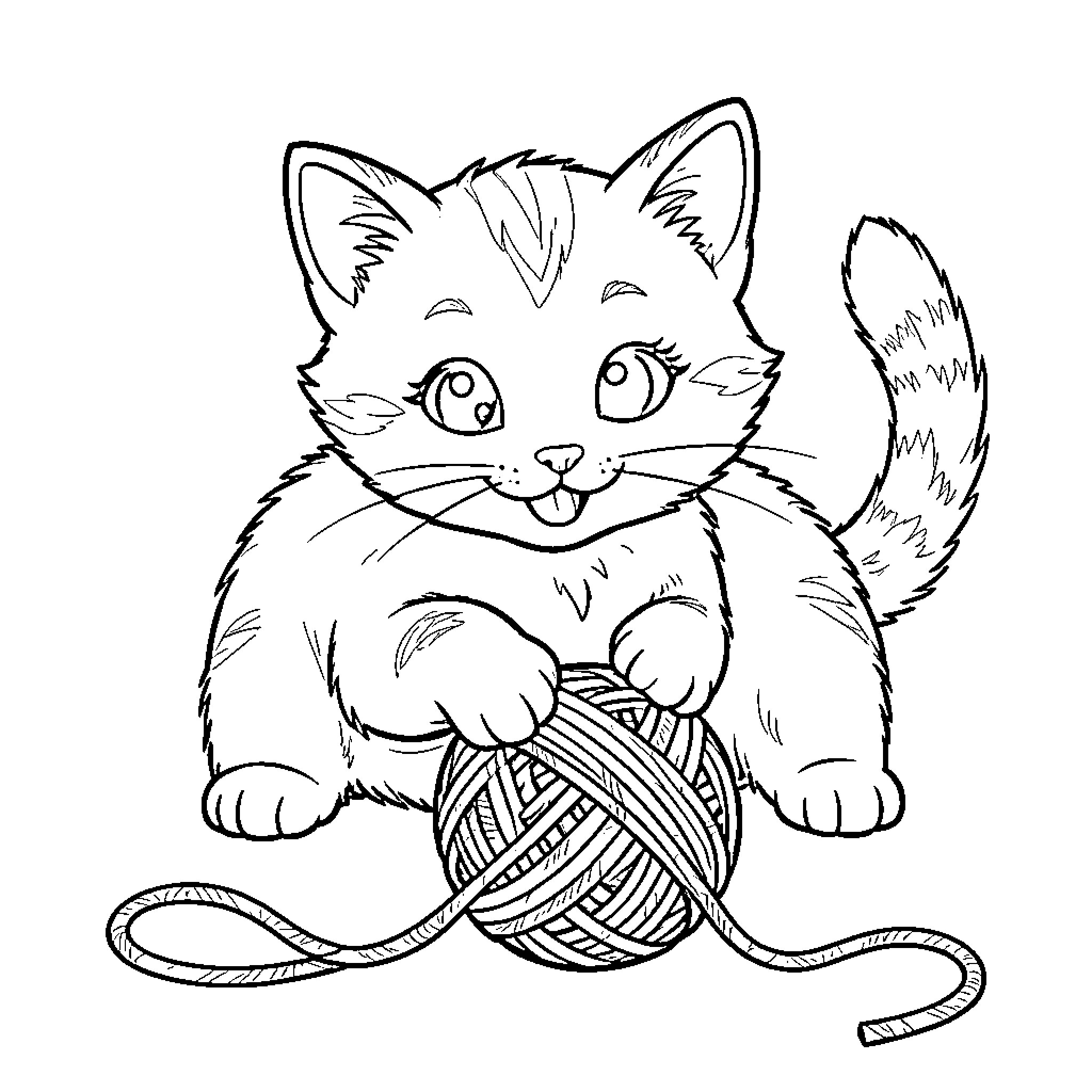 Kitten playing joyfully with a ball of yarn Coloring Page (free black-and-white line drawing printable PDF for all, from beginners to advanced learners, including children, teens, adults, and seniors)