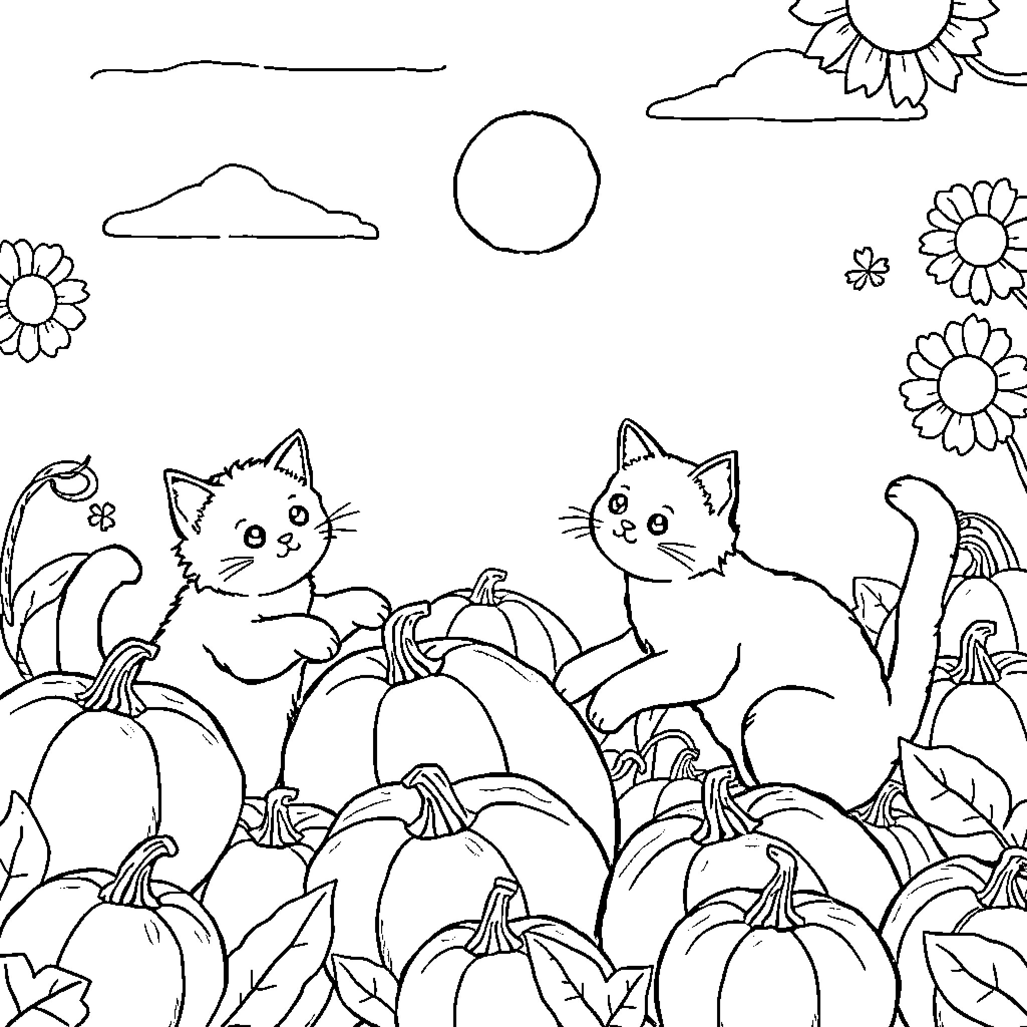 Cat Kittens Playing in Pumpkin Patch Coloring Page (free black-and-white line drawing printable PDF for all, from beginners to advanced learners, including children, teens, adults, and seniors)