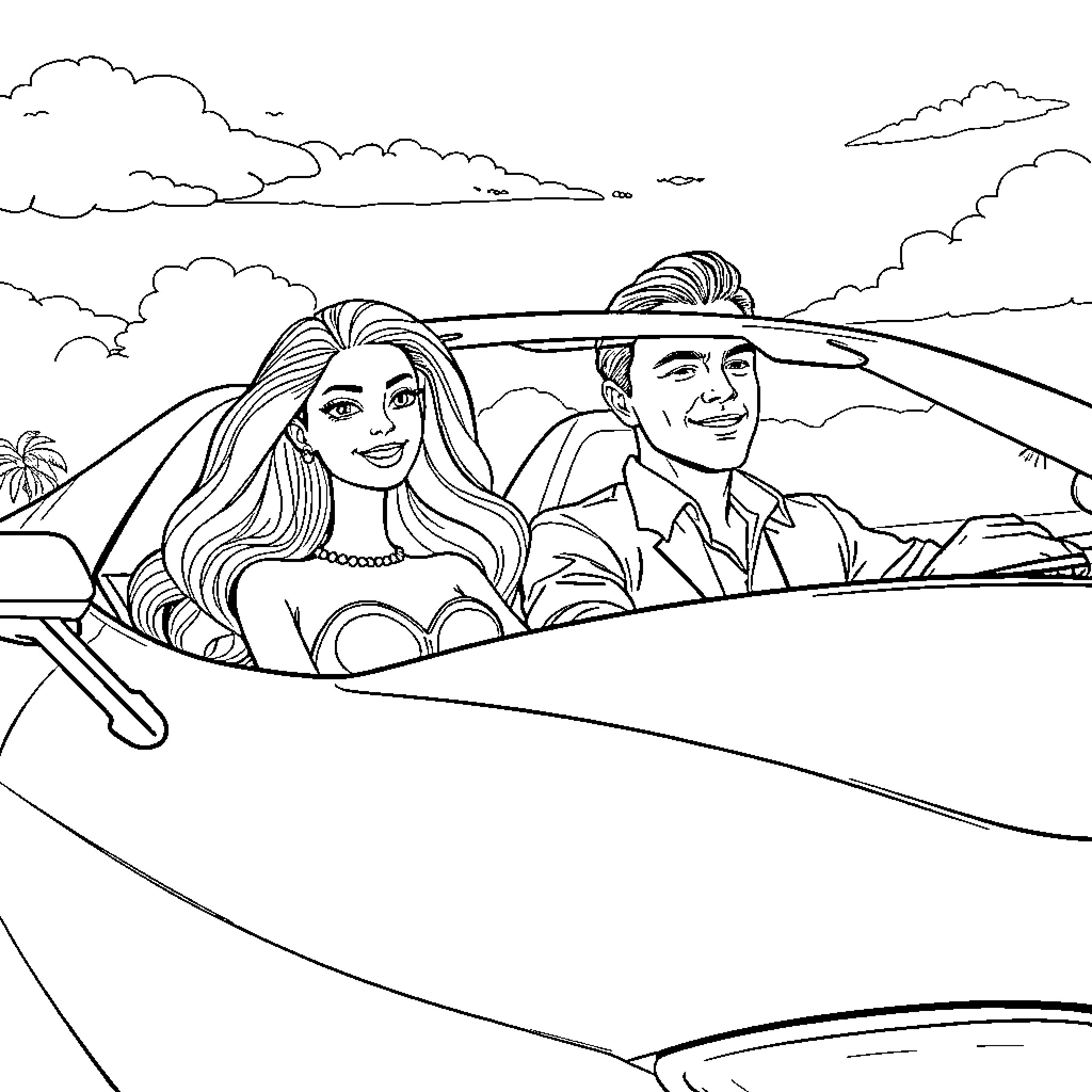Barbie and Ken enjoy a joyful road trip Coloring Page (free black-and-white line drawing printable PDF for all, from beginners to advanced learners, including children, teens, adults, and seniors)