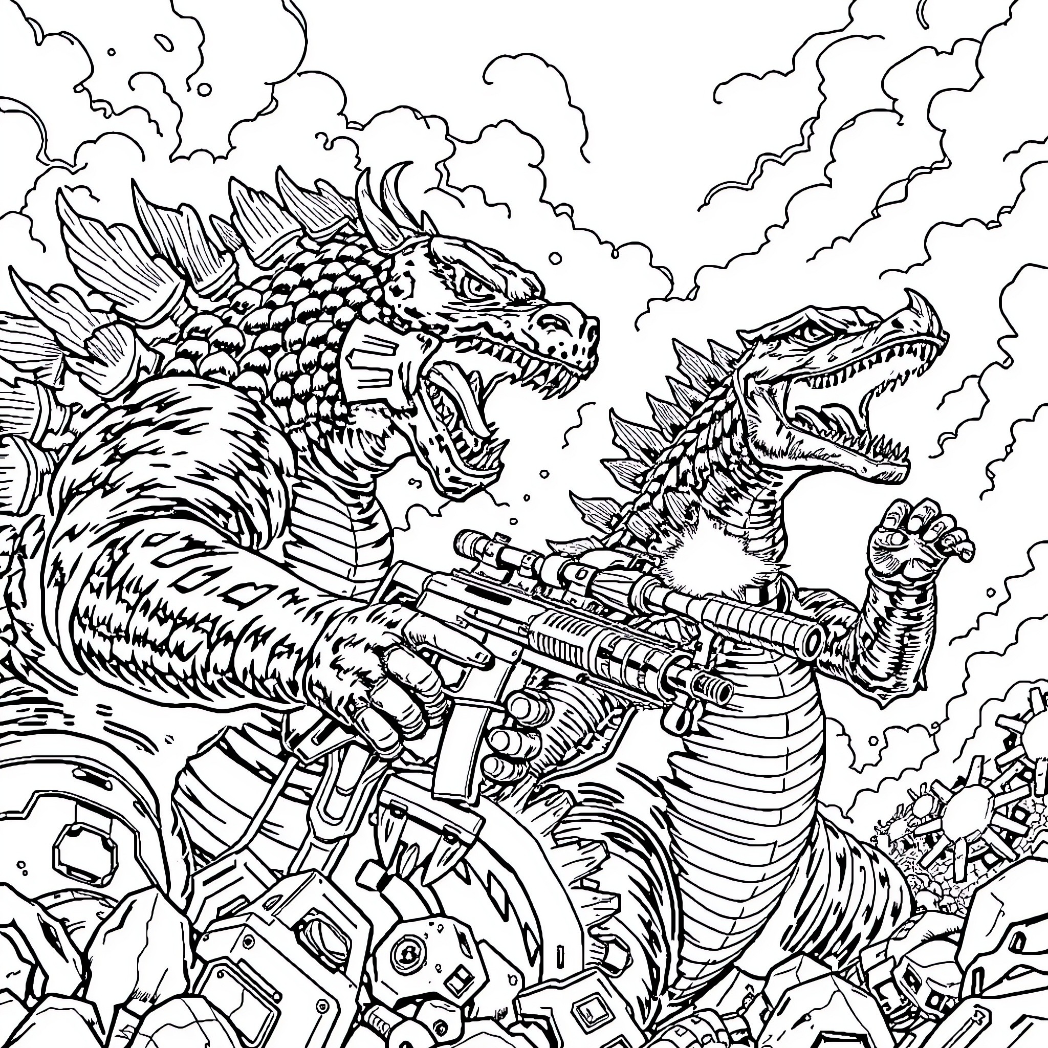 Godzilla battling with futuristic weaponry and technology Coloring Page (free black-and-white line drawing printable PDF for all, from beginners to advanced learners, including children, teens, adults, and seniors)