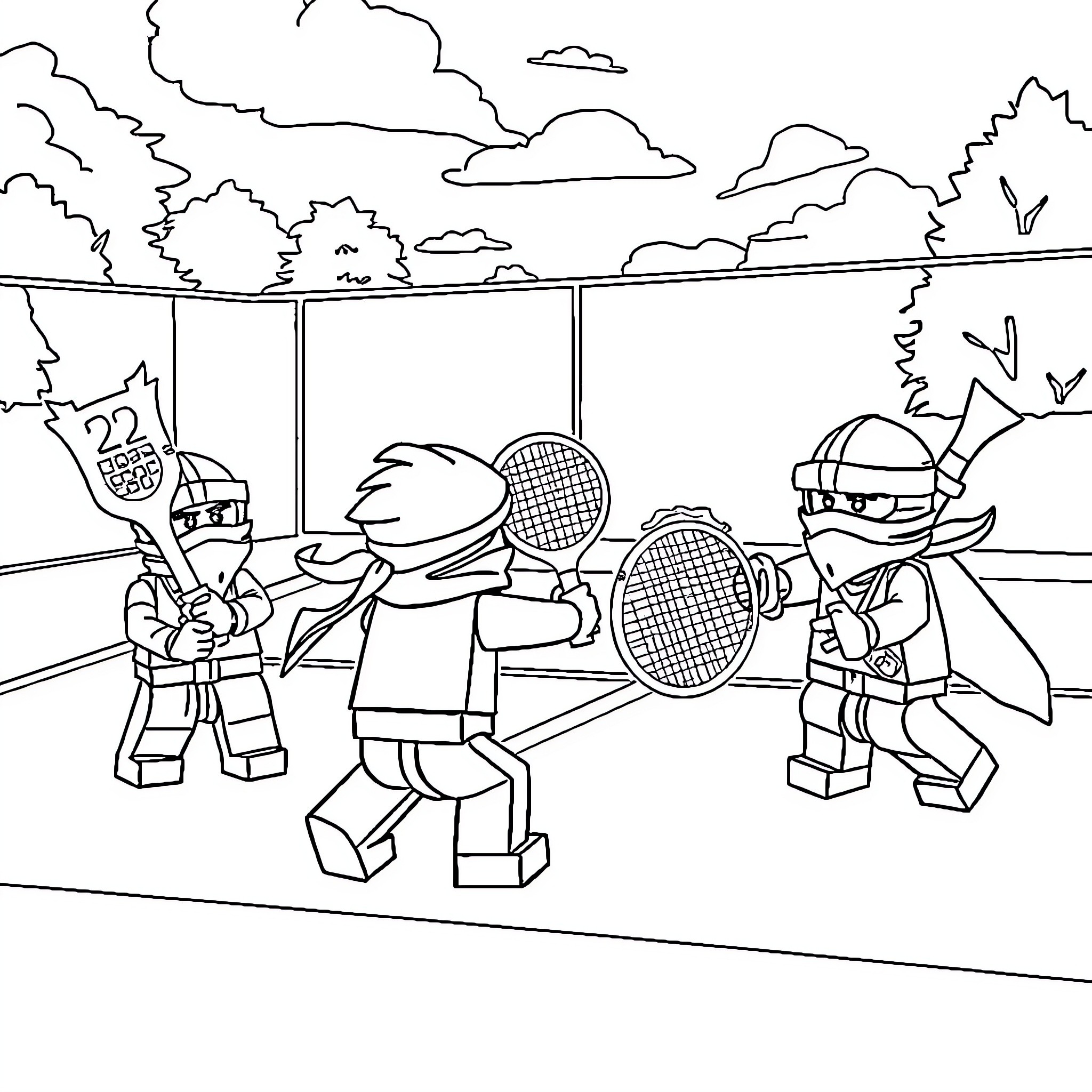 Ninjago Characters Playing Tennis on Court Coloring Page (free black-and-white line drawing printable PDF for all, from beginners to advanced learners, including children, teens, adults, and seniors)