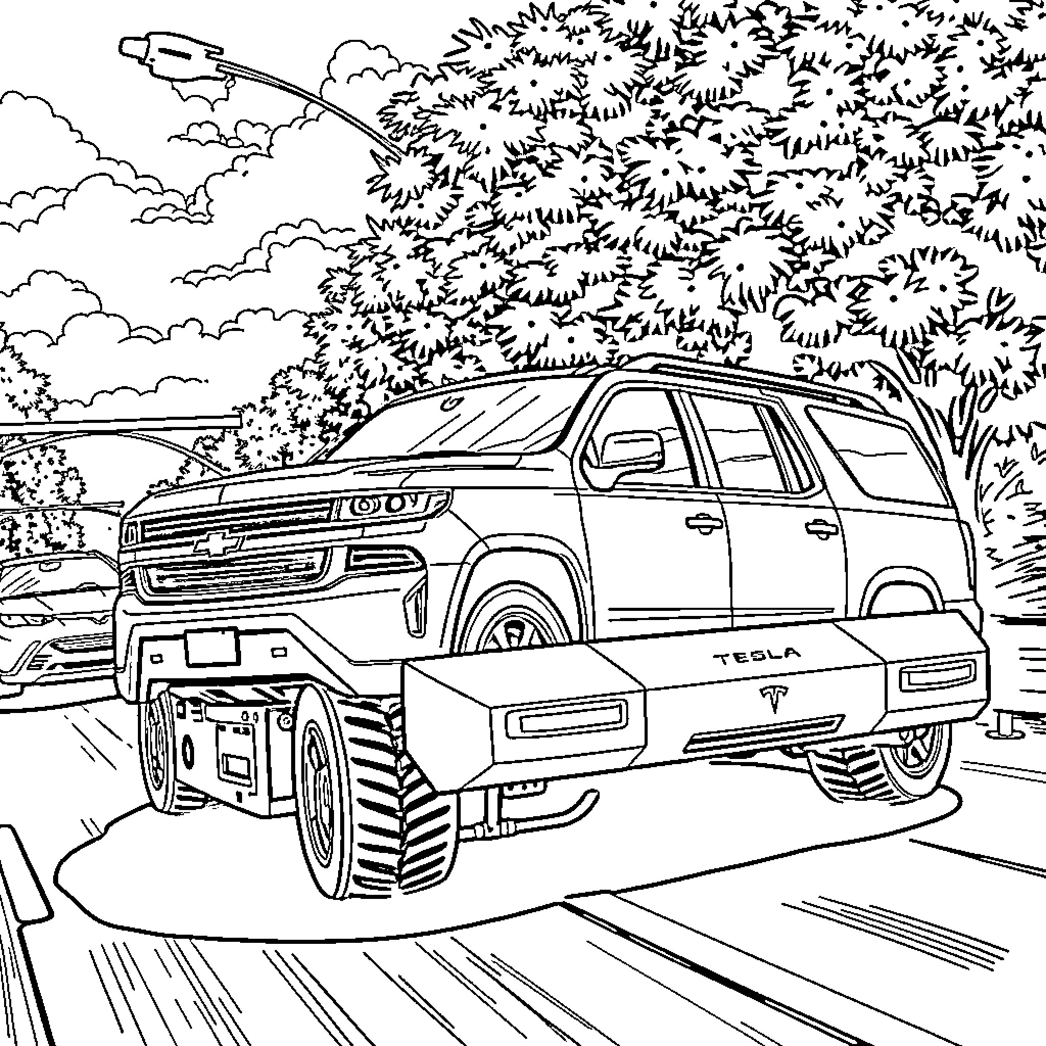 Chevy electric truck towing Tesla in nature setting Coloring Page (free black-and-white line drawing printable PDF for all, from beginners to advanced learners, including children, teens, adults, and seniors)