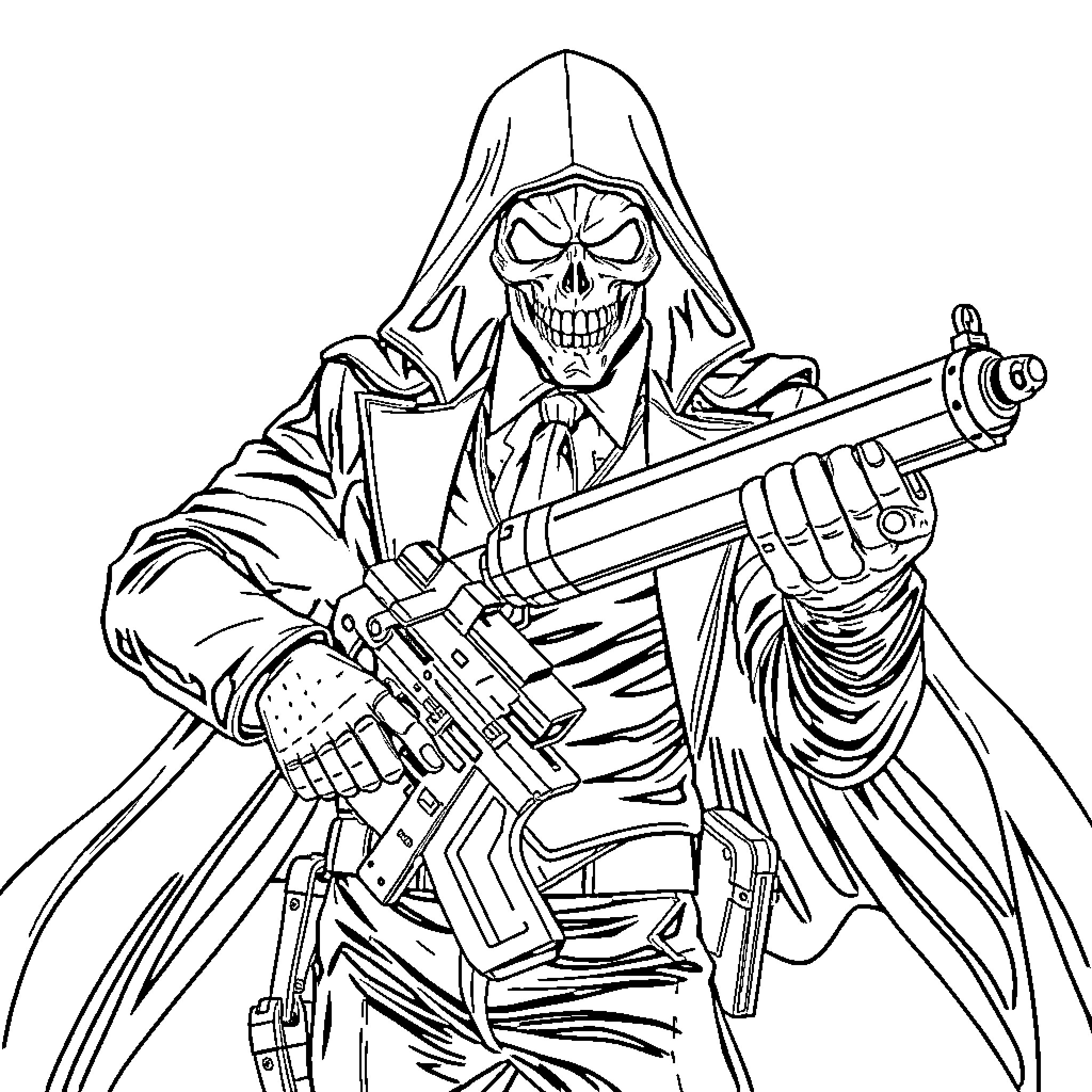 Undertaker wielding a powerful firearm in a menacing pose Coloring Page (free black-and-white line drawing printable PDF for all, from beginners to advanced learners, including children, teens, adults, and seniors)