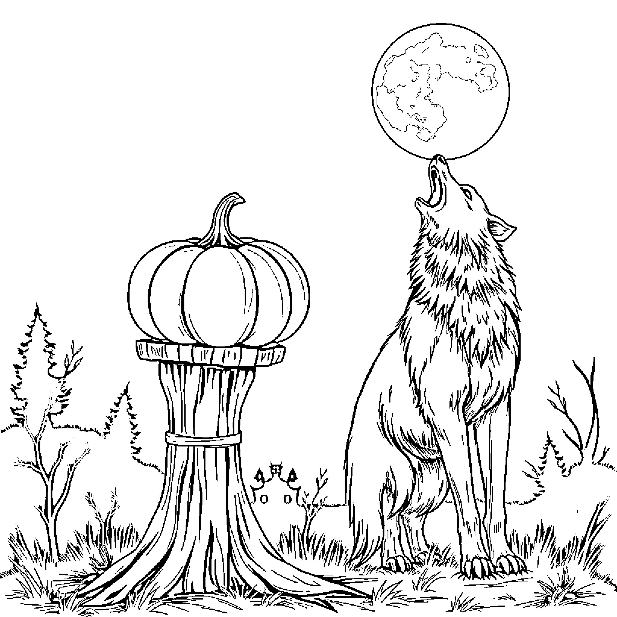 Pumpkin and Howling Wolf Under the Moon Coloring Page (free black-and-white line drawing printable PDF for all, from beginners to advanced learners, including children, teens, adults, and seniors)