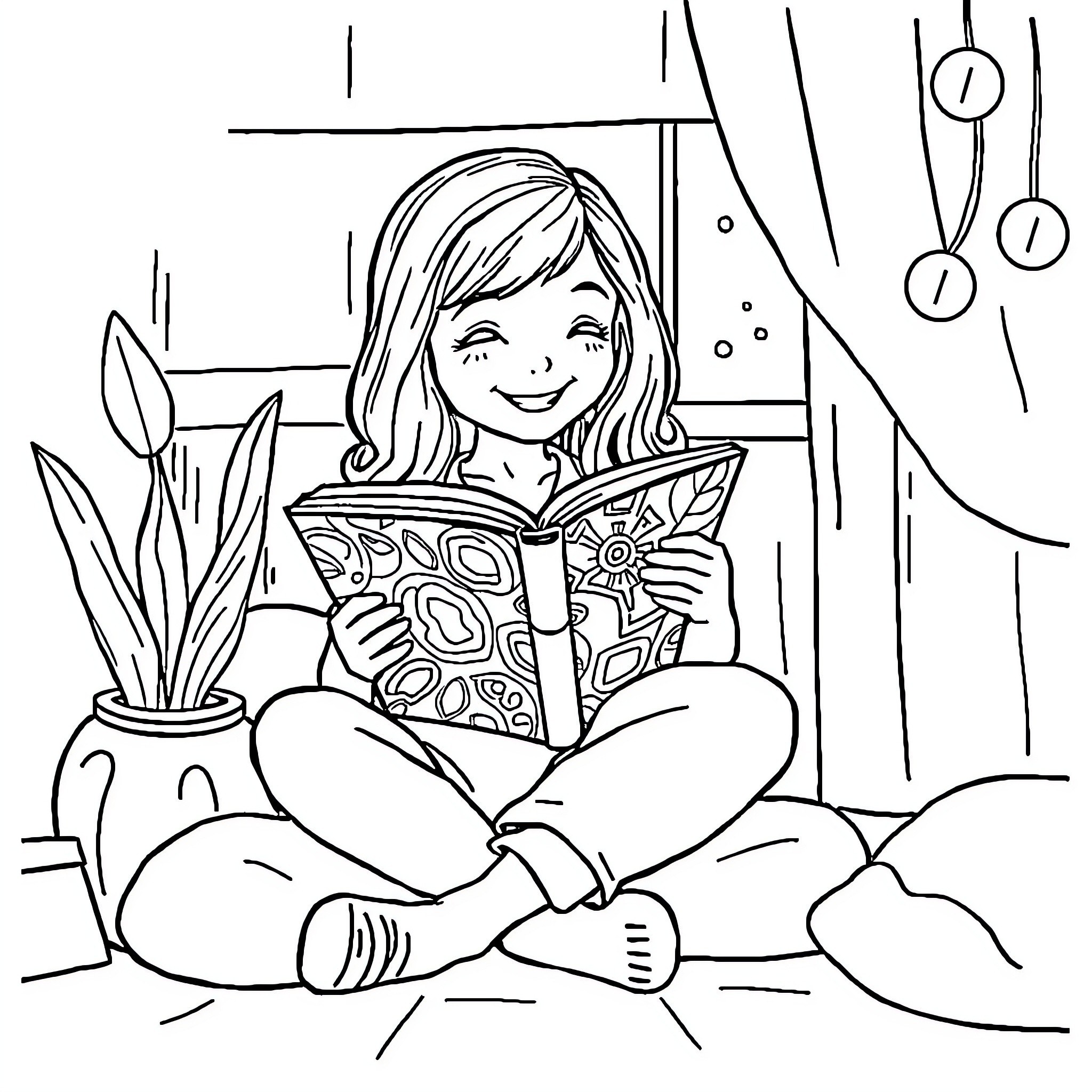 Girl Reading Storybook by Window Coloring Page (free black-and-white line drawing printable PDF for all, from beginners to advanced learners, including children, teens, adults, and seniors)