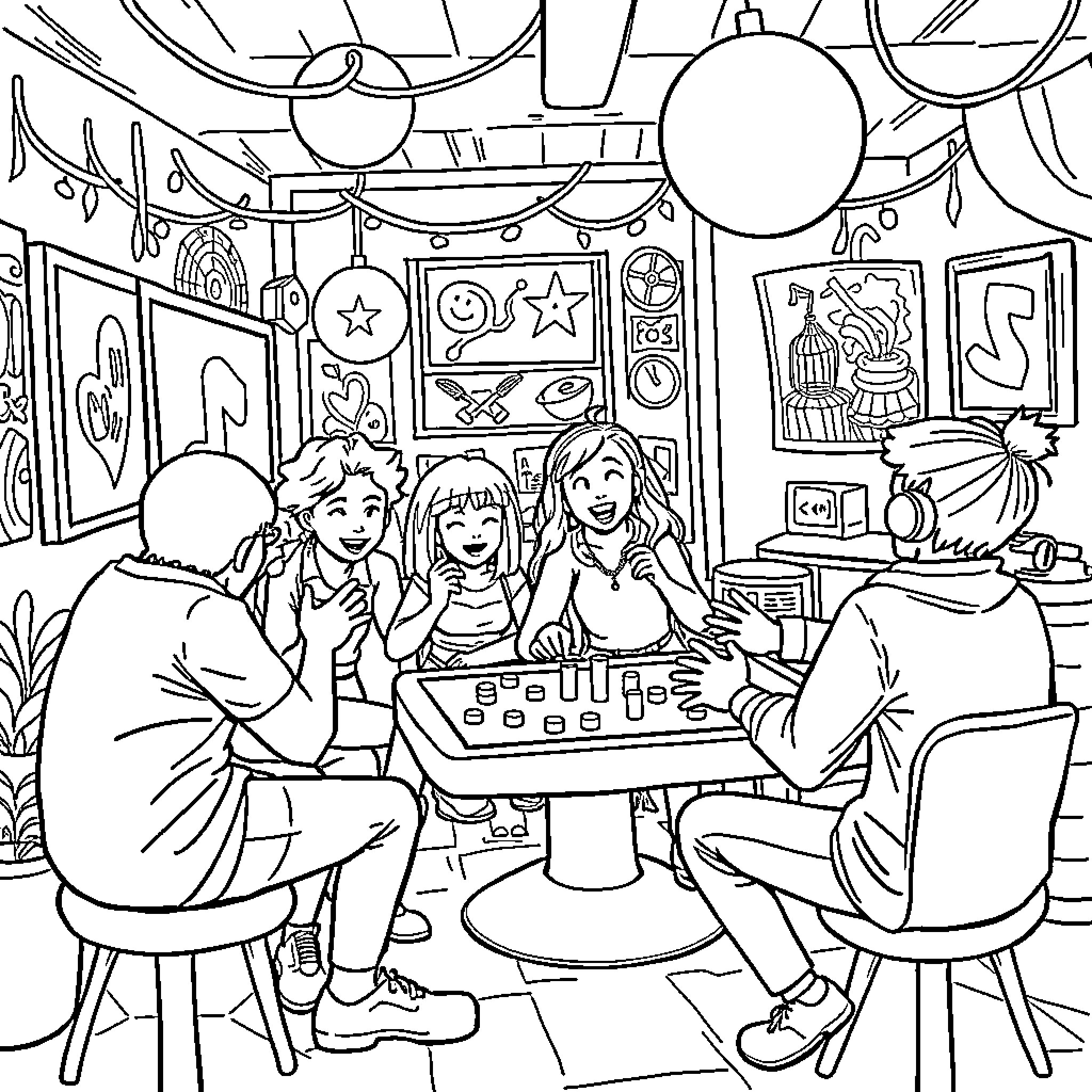 Game night with friends in cozy living room Coloring Page (free black-and-white line drawing printable PDF for all, from beginners to advanced learners, including children, teens, adults, and seniors)