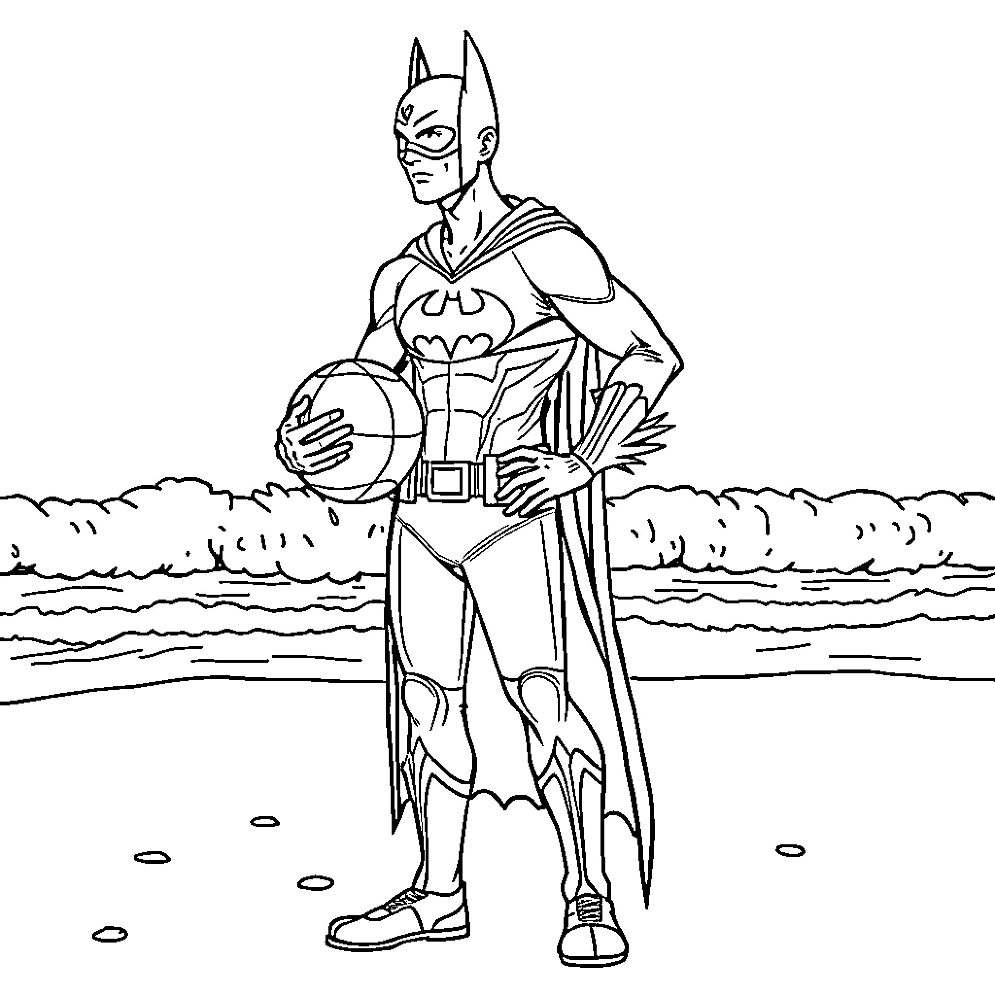 Floorball Player in Superhero Costume on Field Coloring Page (free black-and-white line drawing printable PDF for all, from beginners to advanced learners, including children, teens, adults, and seniors)