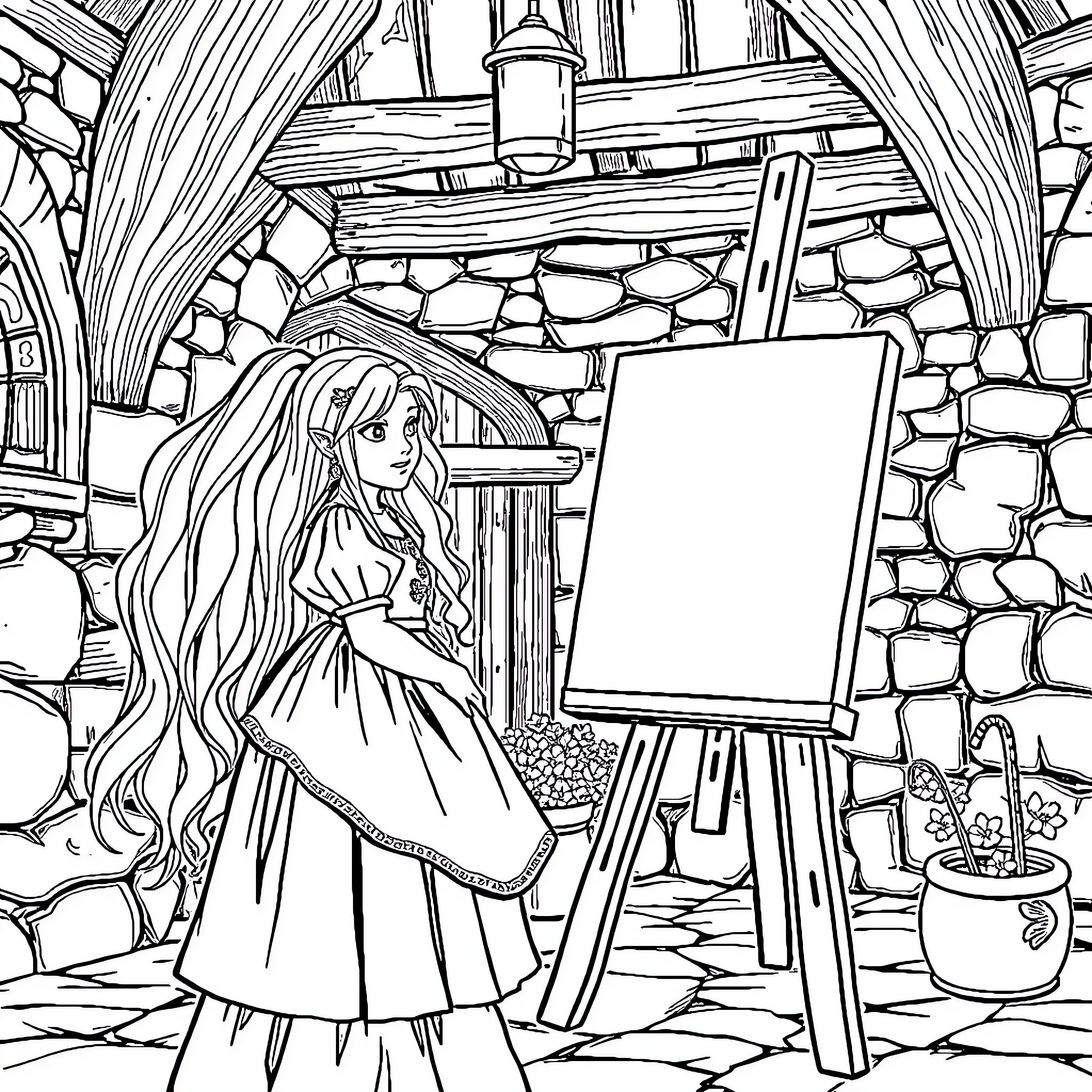 Girl painting on the easel in the art studio Coloring Page (free black-and-white line drawing printable PDF for all, from beginners to advanced learners, including children, teens, adults, and seniors)