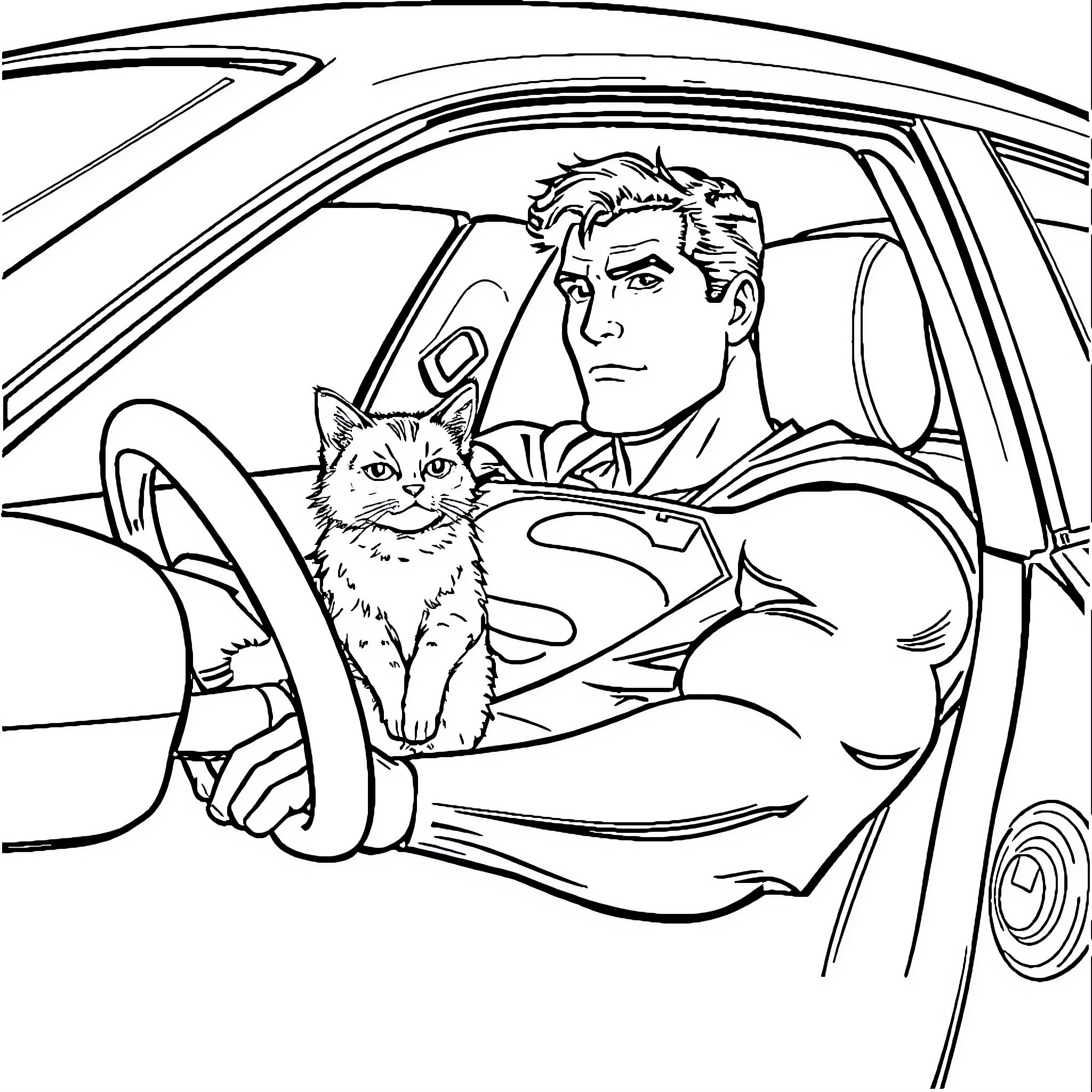 Superman and his feline companion on the road Coloring Page (free black-and-white line drawing printable PDF for all, from beginners to advanced learners, including children, teens, adults, and seniors)