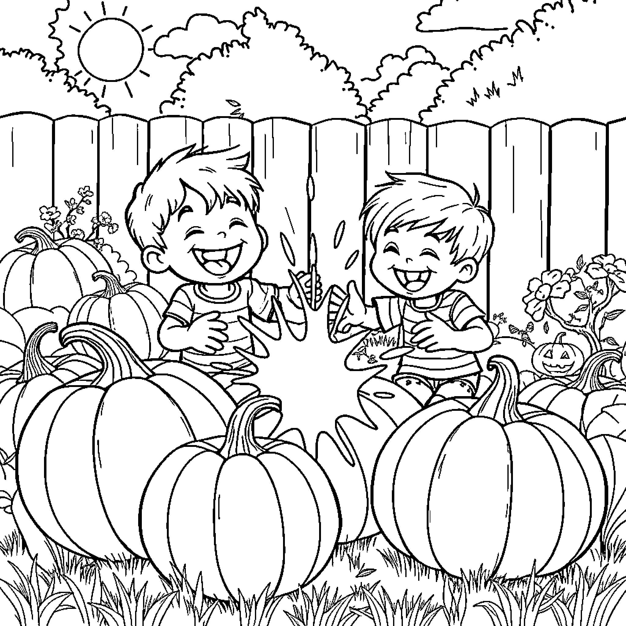 Kid playing happily with pumpkins in the park Coloring Page (free black-and-white line drawing printable PDF for all, from beginners to advanced learners, including children, teens, adults, and seniors)