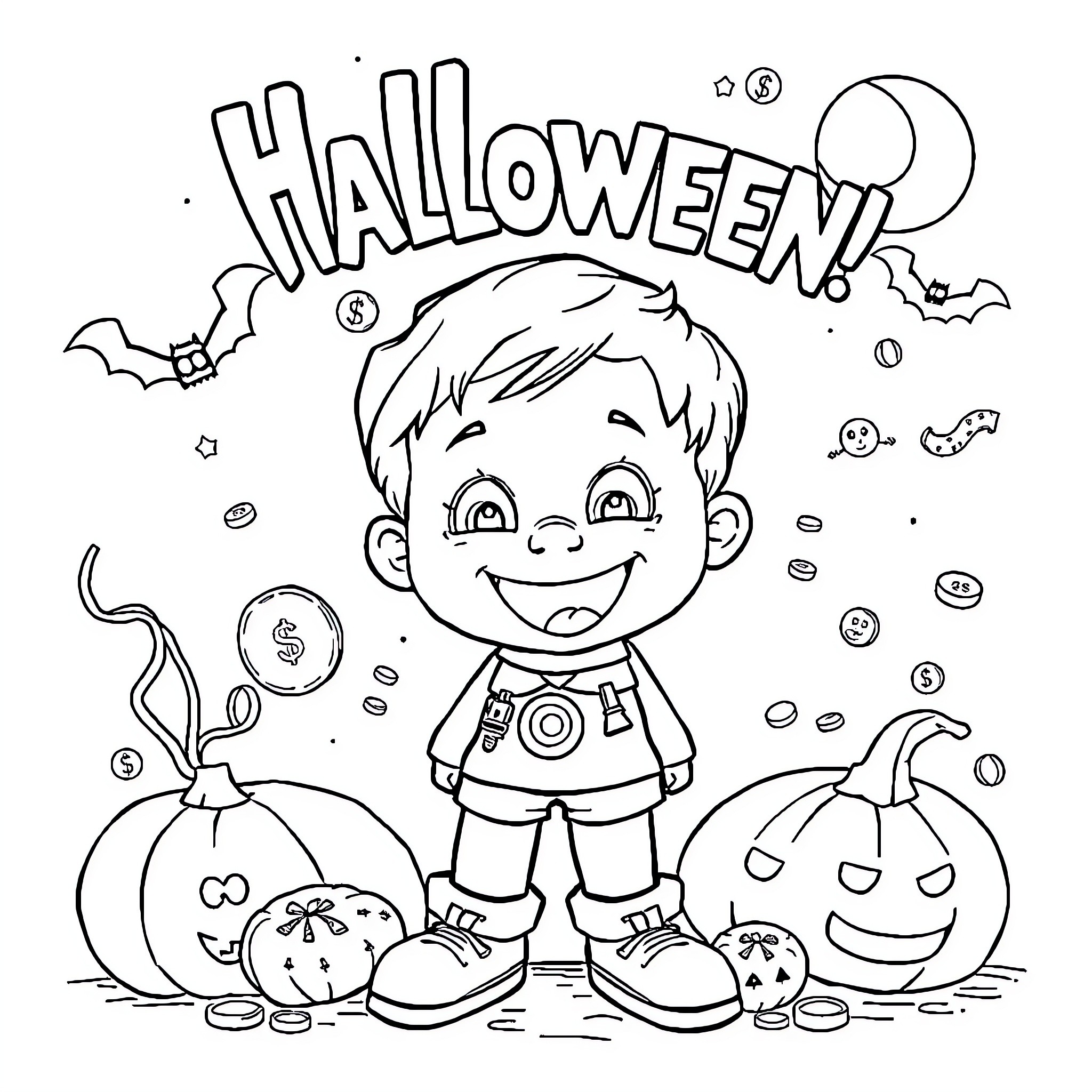 Money Boy Celebrates Halloween with Spooky Pumpkins Coloring Page (free black-and-white line drawing printable PDF for all, from beginners to advanced learners, including children, teens, adults, and seniors)