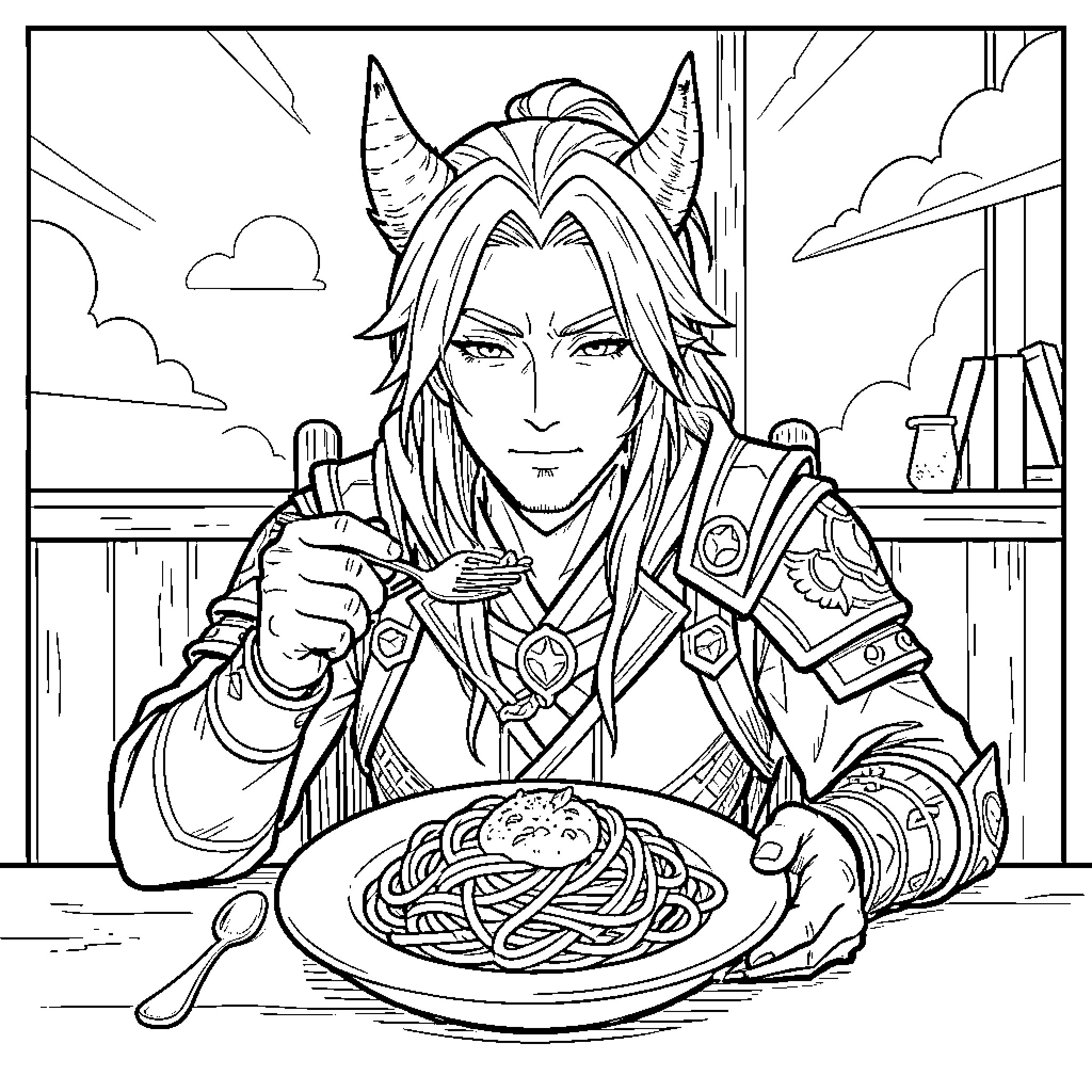 Rumi eating a plate of pasta at a table Coloring Page (free black-and-white line drawing printable PDF for all, from beginners to advanced learners, including children, teens, adults, and seniors)