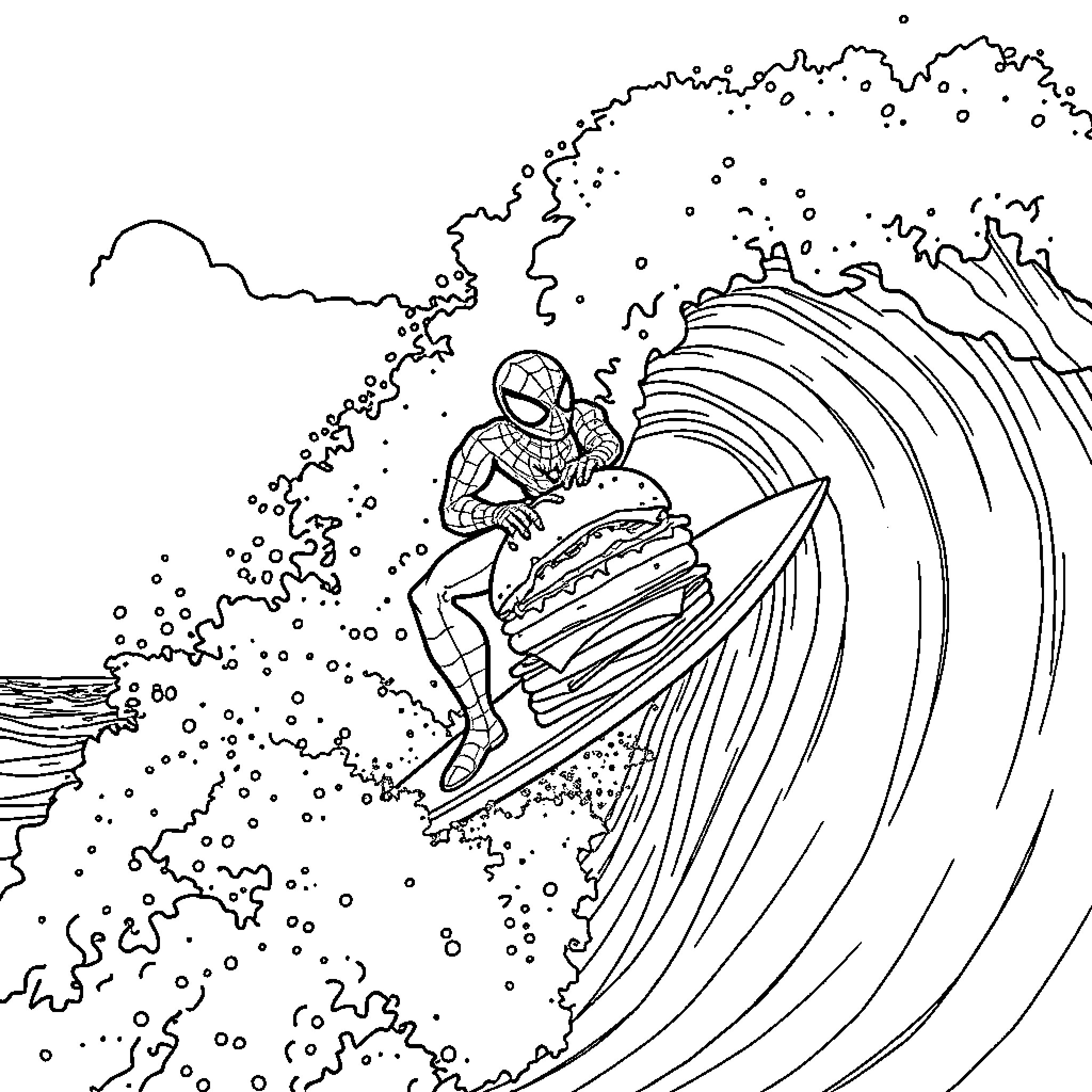 Spiderman surfing the giant wave Coloring Page (free black-and-white line drawing printable PDF for all, from beginners to advanced learners, including children, teens, adults, and seniors)